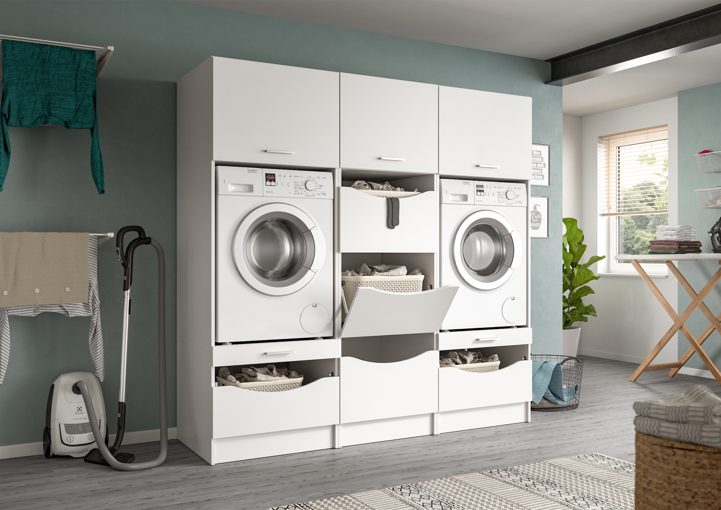 welltime Set d'armoires multi-usages »FALAS, TOPSELLER!, 3-teilig, Hauswirtschaftsraum Set, Breite 192 cm« 2x Waschmaschinenumbau- & 1x Wäscheschrank, 