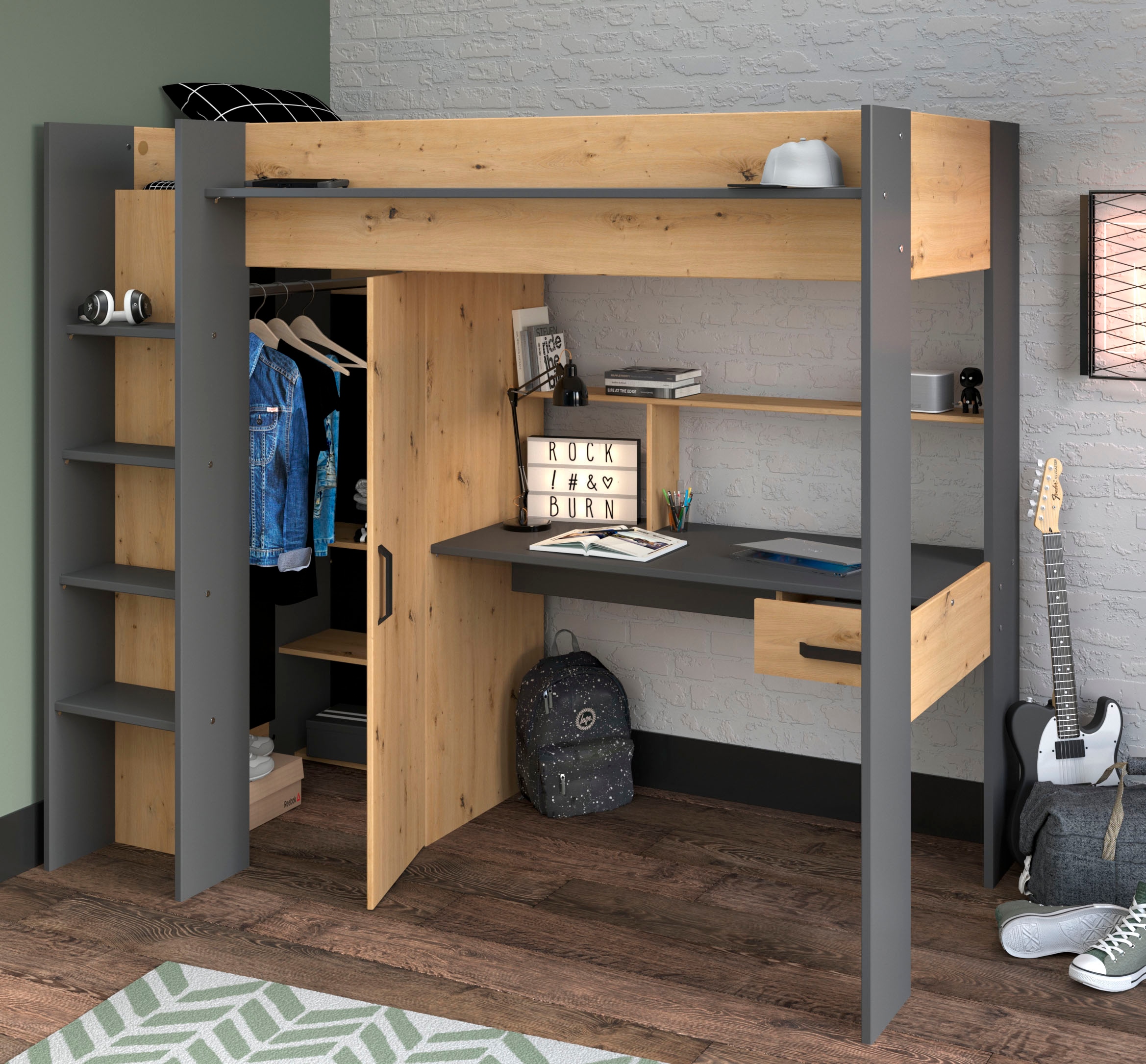 Parisot Hochbett »Heavy«, ALL-IN-ONE, mit Kleiderschrank, Schreibtisch, Leiter, Stauraum