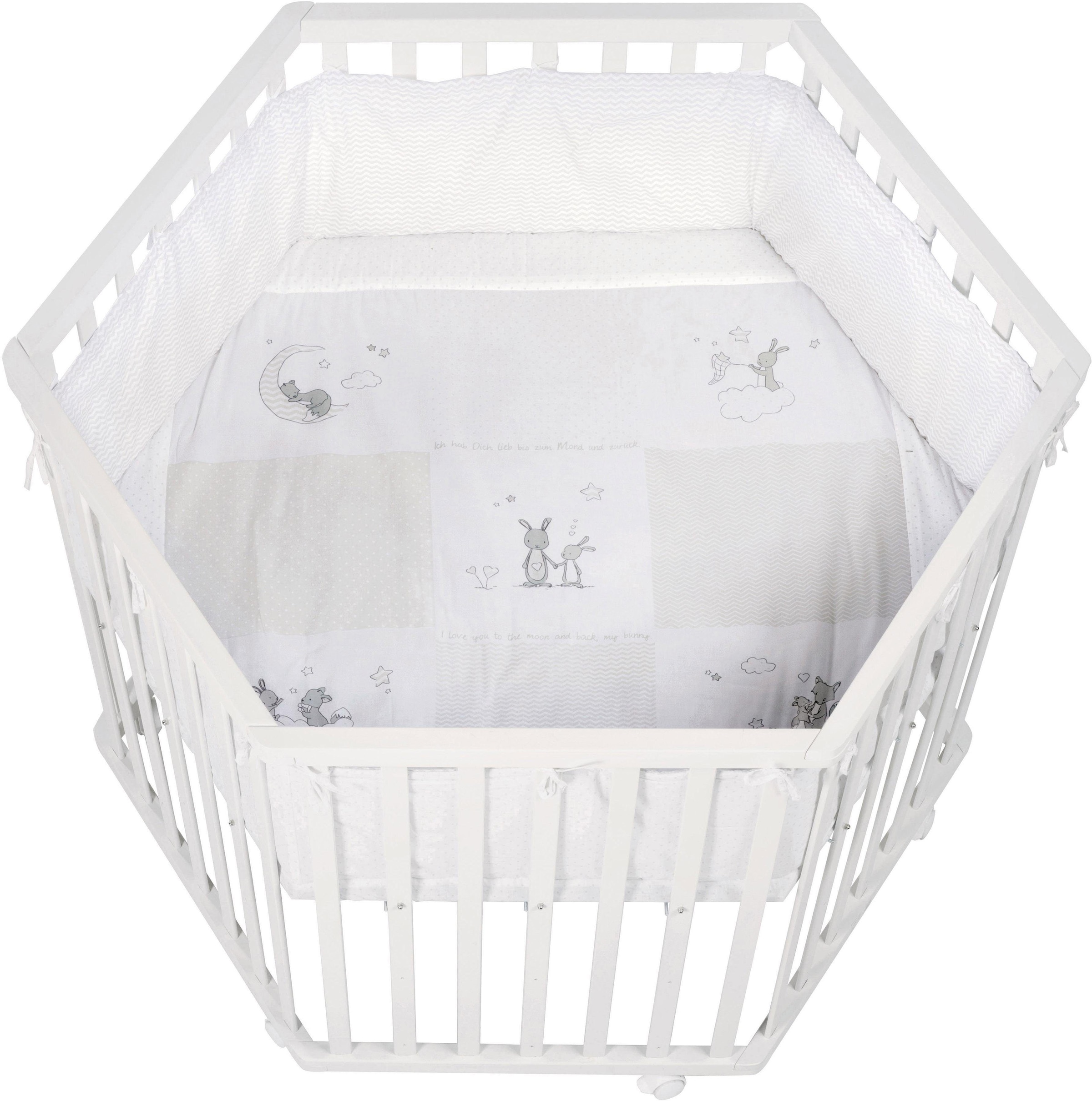 Image of roba Laufgitter "Fox & Bunny, weiss, 6-eckig" bis 15 kg mit Stoffeinlage und Nestchen