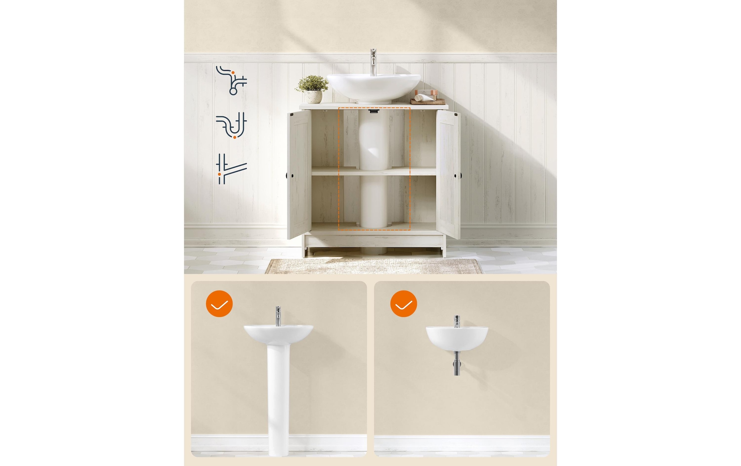 VASAGLE Armoire sous lavabo »60 x 61.2 cm« Meuble sous-lavabo moderne style campagne