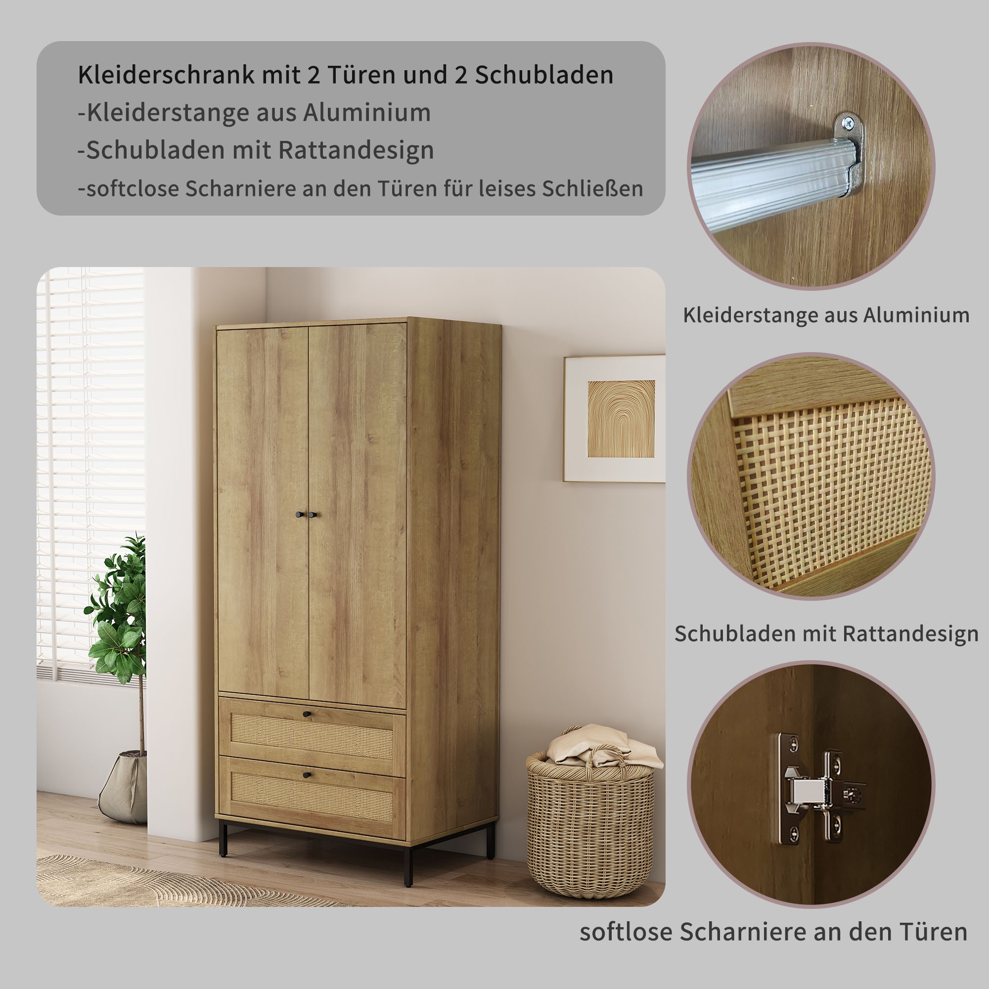 GOODproduct Armoires à vêtements »Motala Schlafzimmerschrank Garderobe Boho Eichen-Design Bestseller« Moderne schwarze Griffe, Schublade mit Geflecht,  Schlafzimmerschrank mit 2 Türen und 2 Schubladen