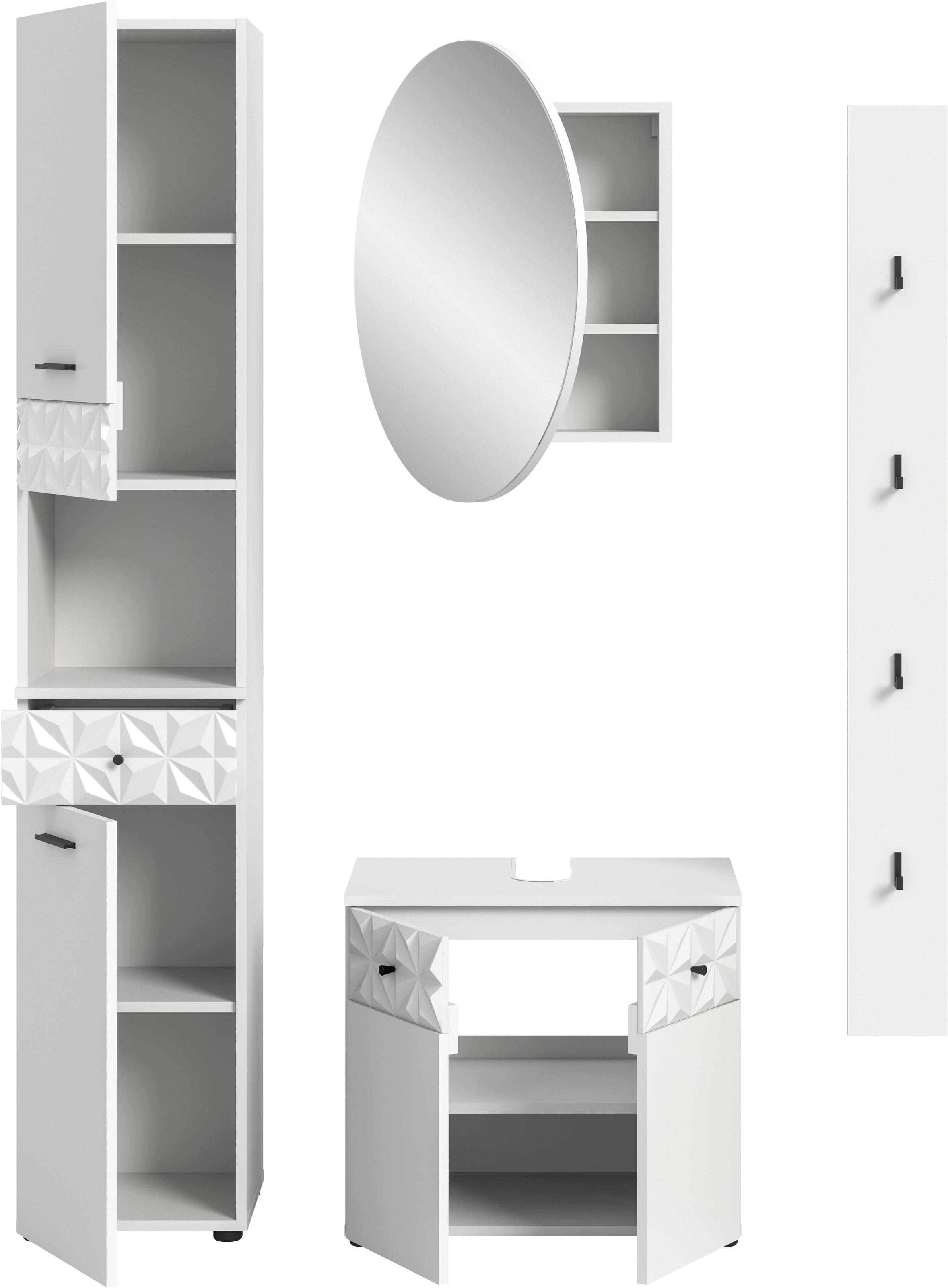 INOSIGN Ensemble de salle de bains »VICENZA, TOPSELLER!, Breite 141cm, 4-teilig, mit Ornamentabsetzung« Hochschrank, Waschbeckenunterschrank, Spiegelschrank und Hakenleiste, 