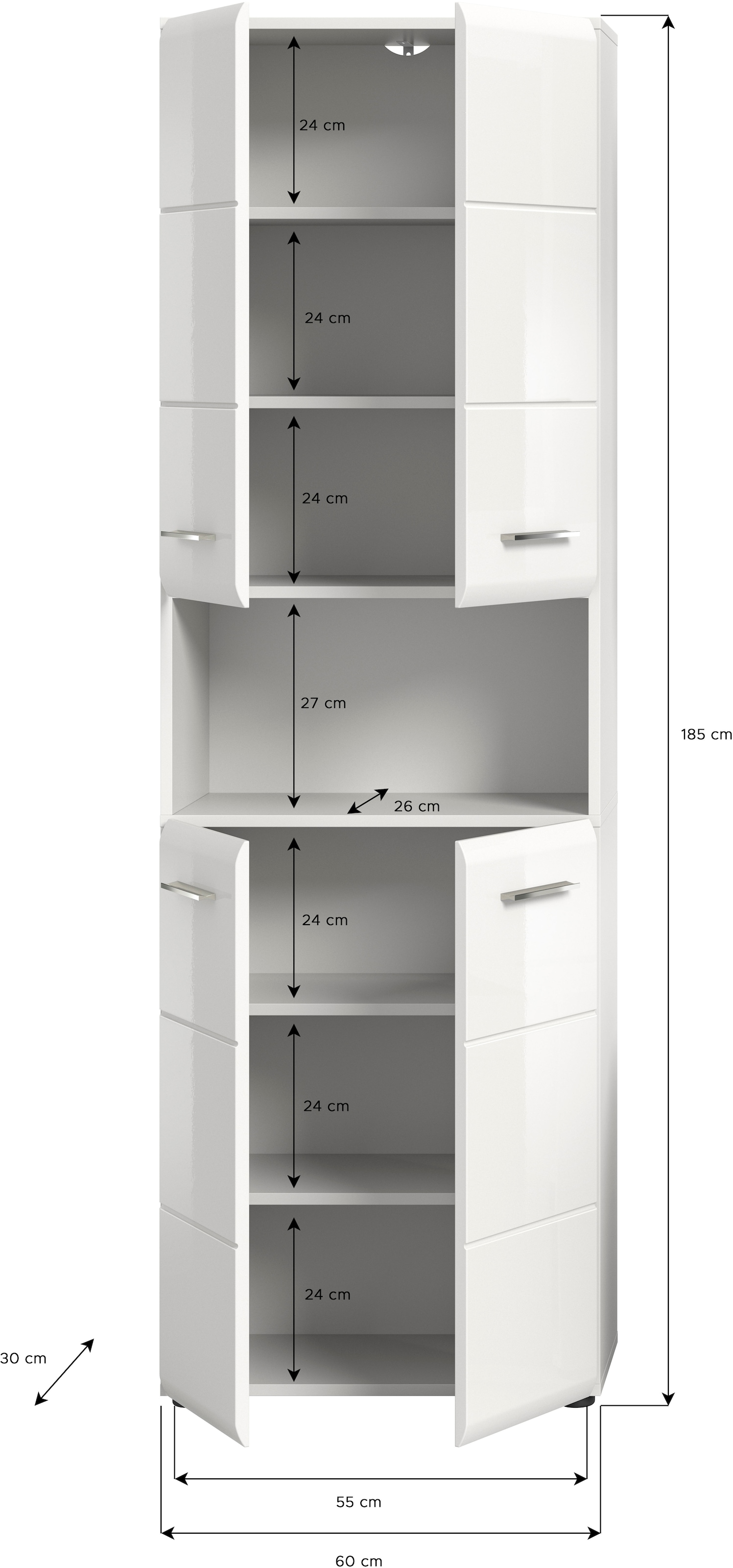 INOSIGN Stauraumschrank »FLORENZ, TOPSELLER!, Höhe 185 cm, 4 Türen, 4 Fachböden, 1 offenes Fach«, (1 St.), hochwertige MDF Front, Griff chromglänzend, Badschrank, Bad