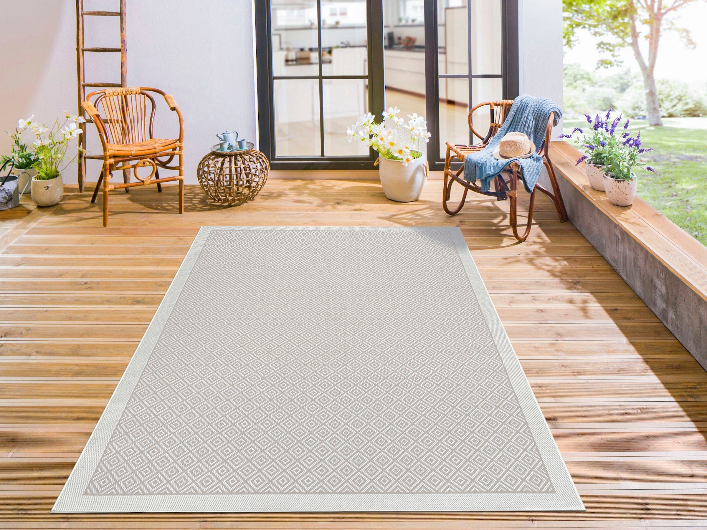 andas Teppich »Aliza«, rechteckig, 8 mm Höhe, mit Bordüre,Rauten-Design, wetterfest & UV-beständig, Outdoor geeignet