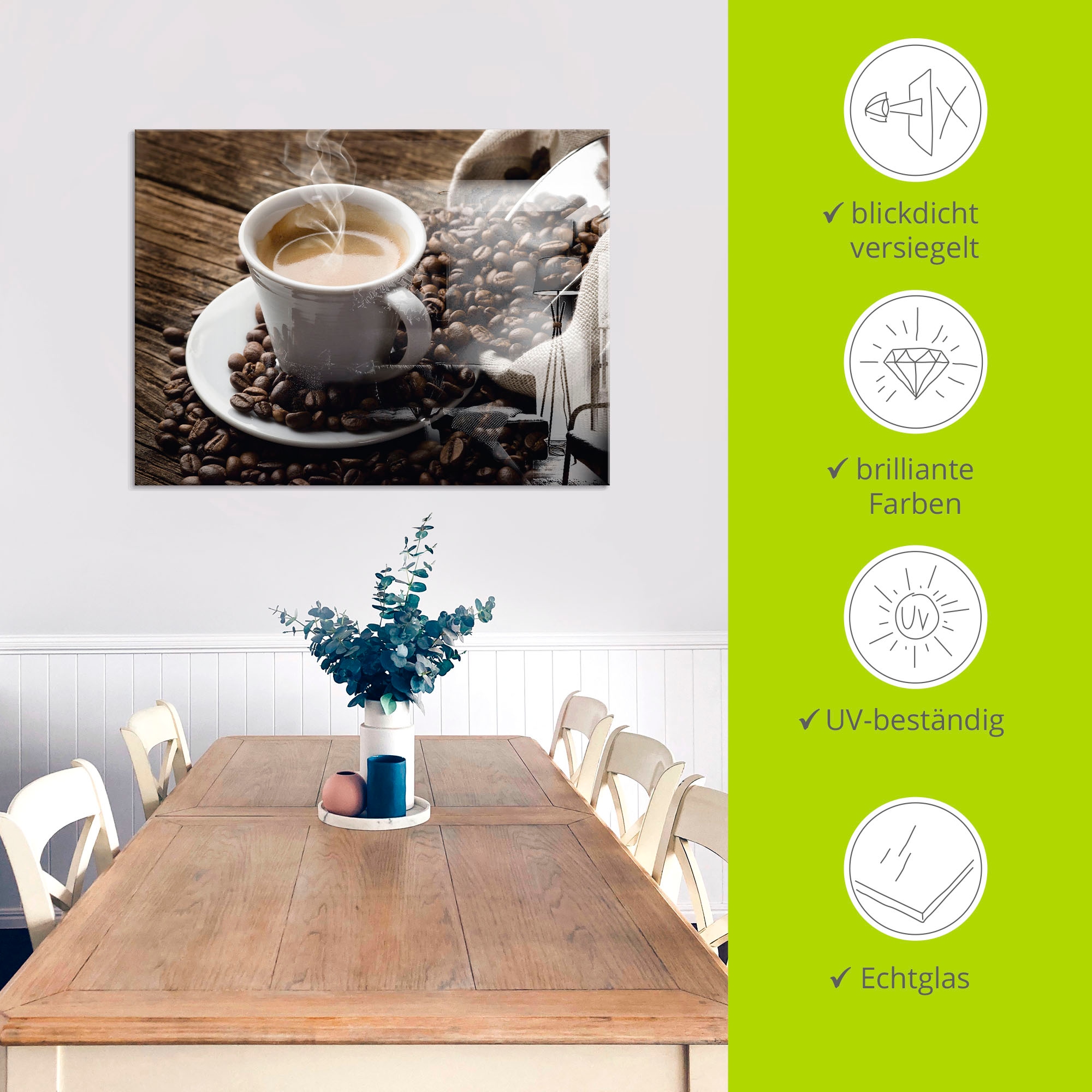 Artland Glasbild »Heisser Kaffee - dampfender Kaffee«, Getränke, (1 St.)