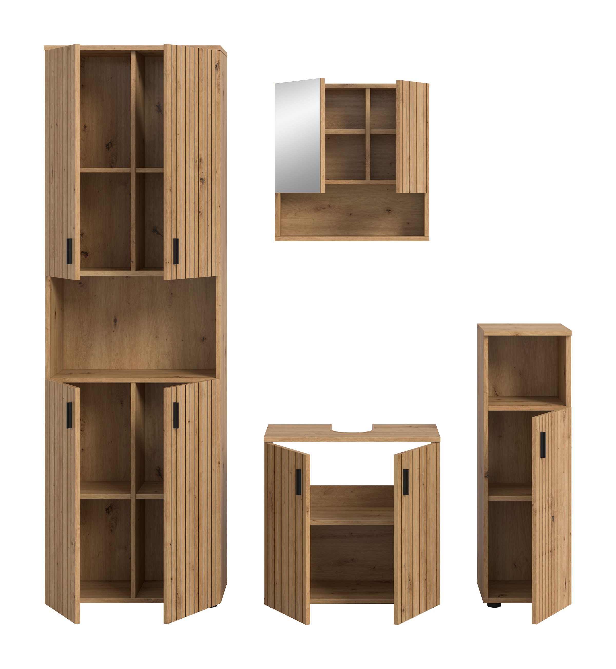 welltime Badmöbel-Set »MANI, 4-tlg. Badkombination, Paneeloptik« Set, Set, best. aus: 1 Hochschrank, 1 Spiegelschrank, 1 WBU, 1 Badschrank, 4 Stk. tlg.