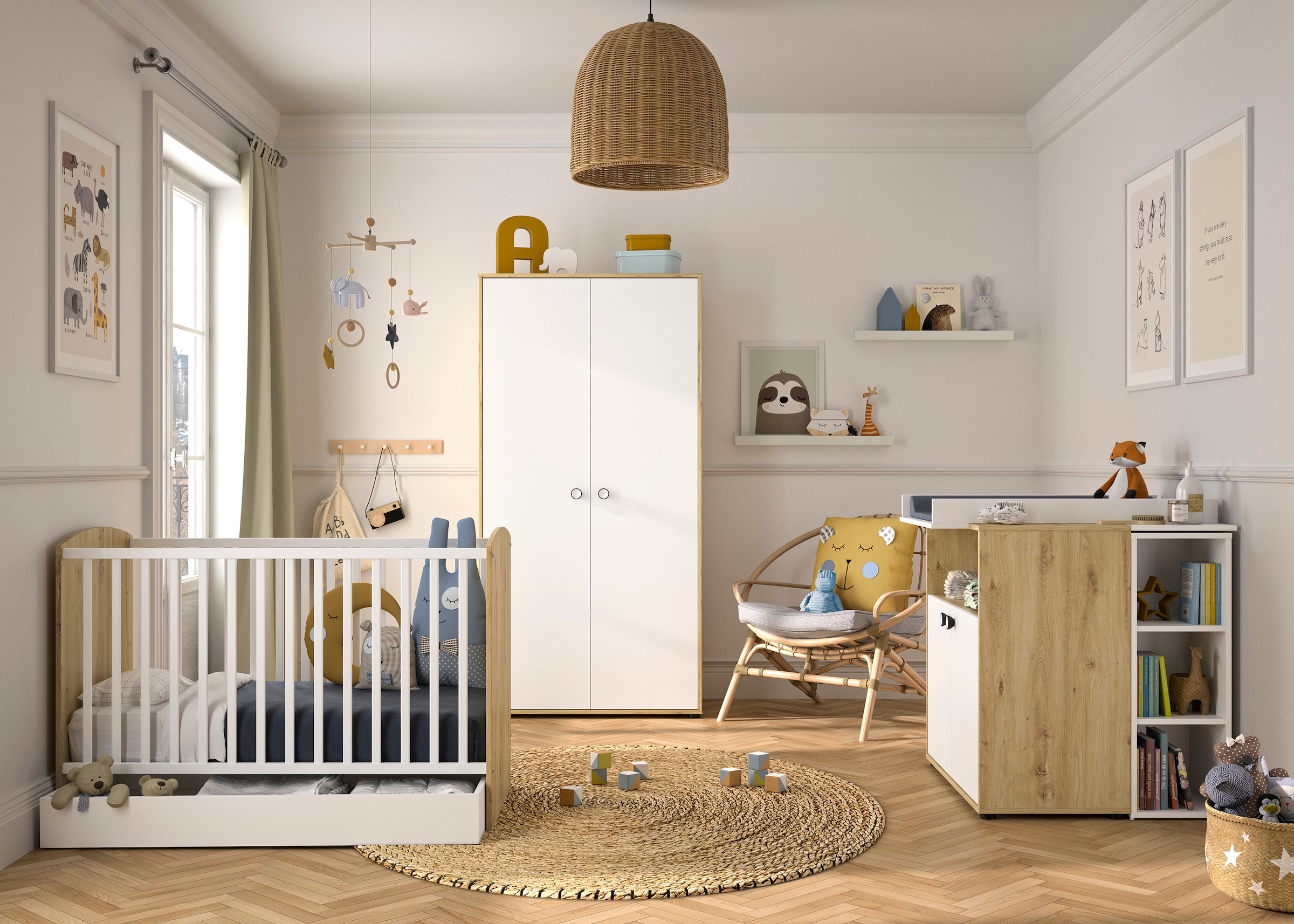 Galipette Babyzimmer-Komplettset »Arthur«, (6 St., mit Schrank, Bett mit Schubl, Wickelkommode, Wickelaufsatz und Regal)