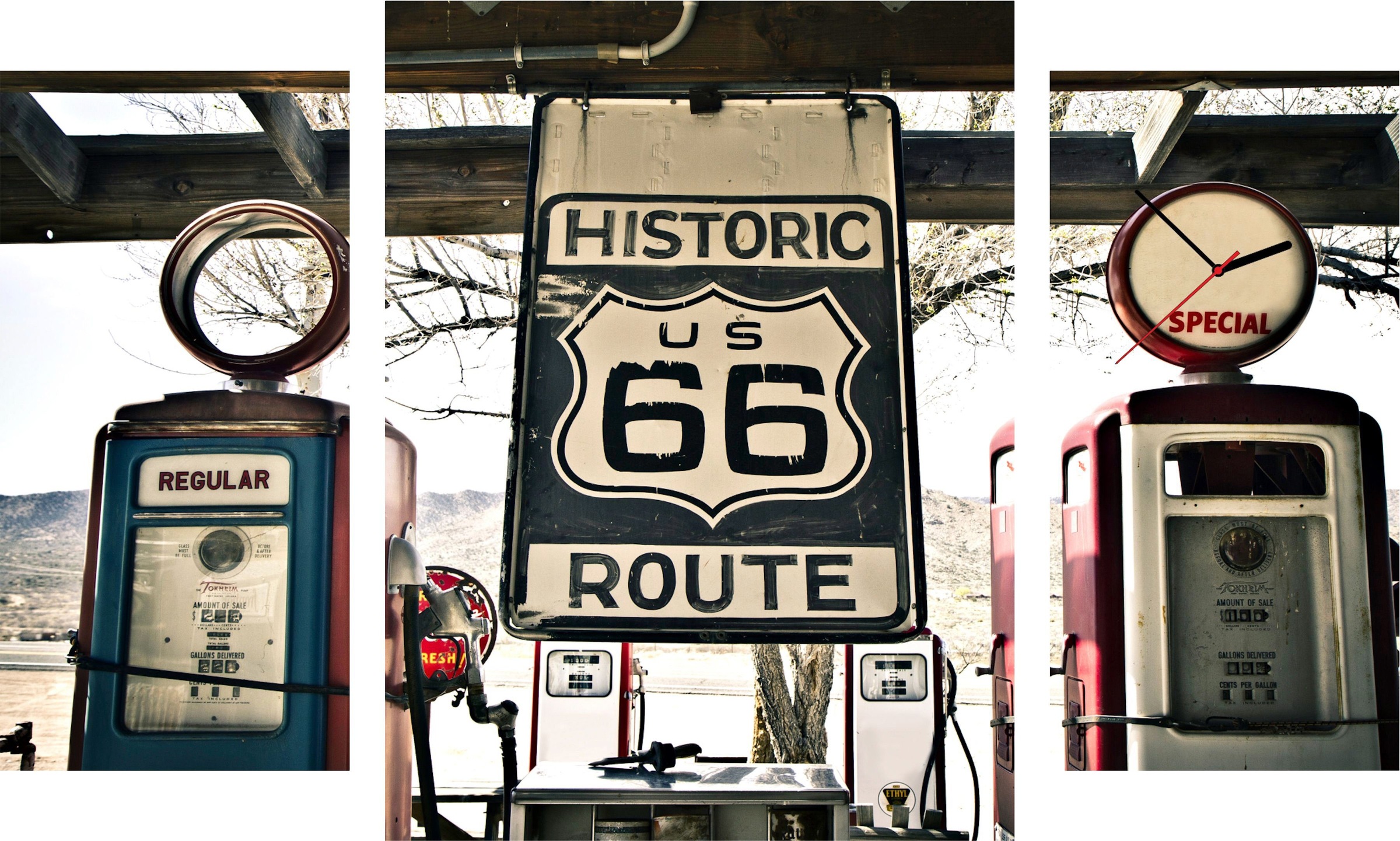 Image of Conni Oberkircher´s Bild mit Uhr »Historic Route - Route 66«, Tankstelle, (Set, (Set 3), mit dekorativer Uhr, Vintage bei Ackermann Versand Schweiz