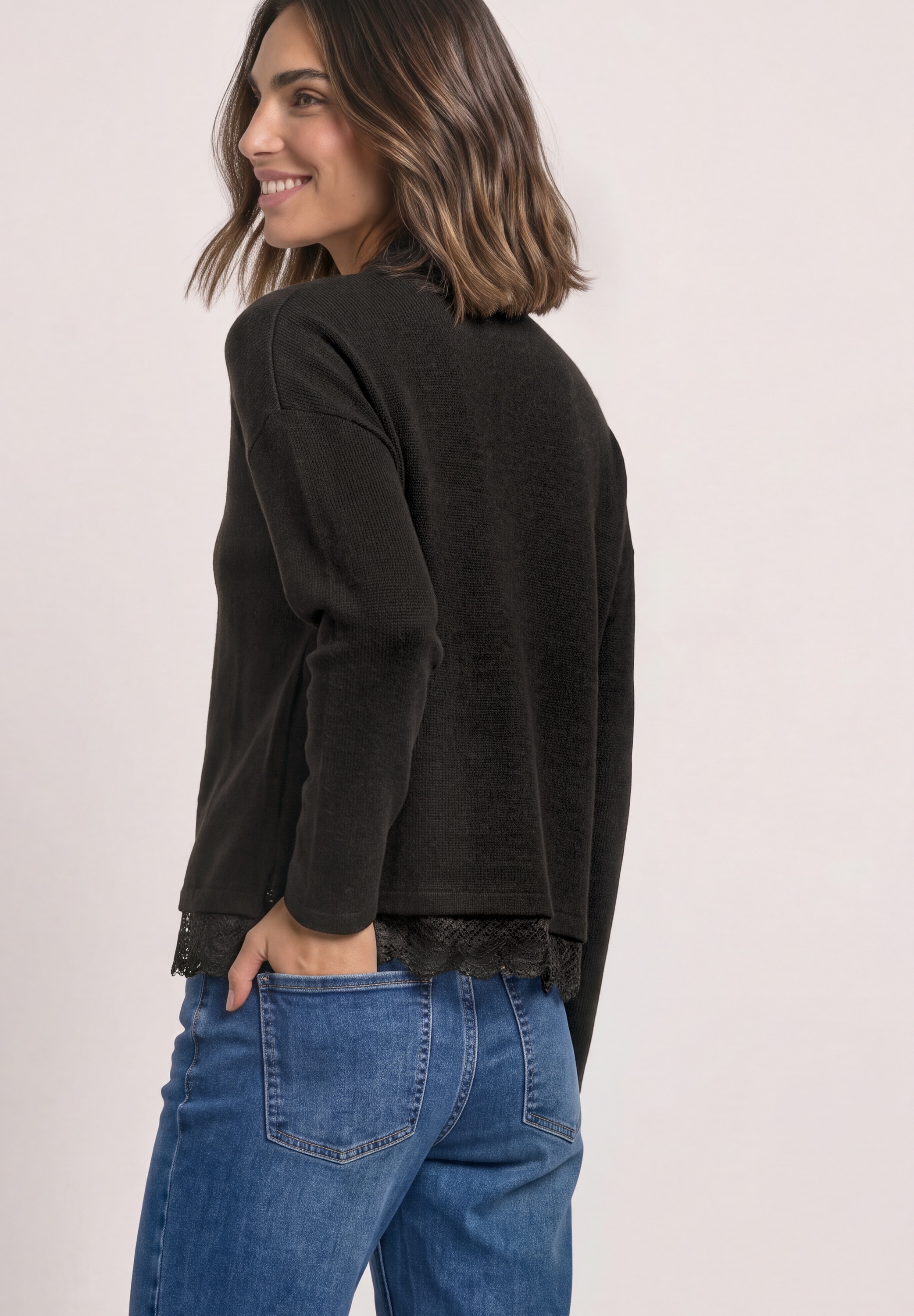 STREET ONE Strickpullover Spitzenbesatz am Saum / Melange-Look
