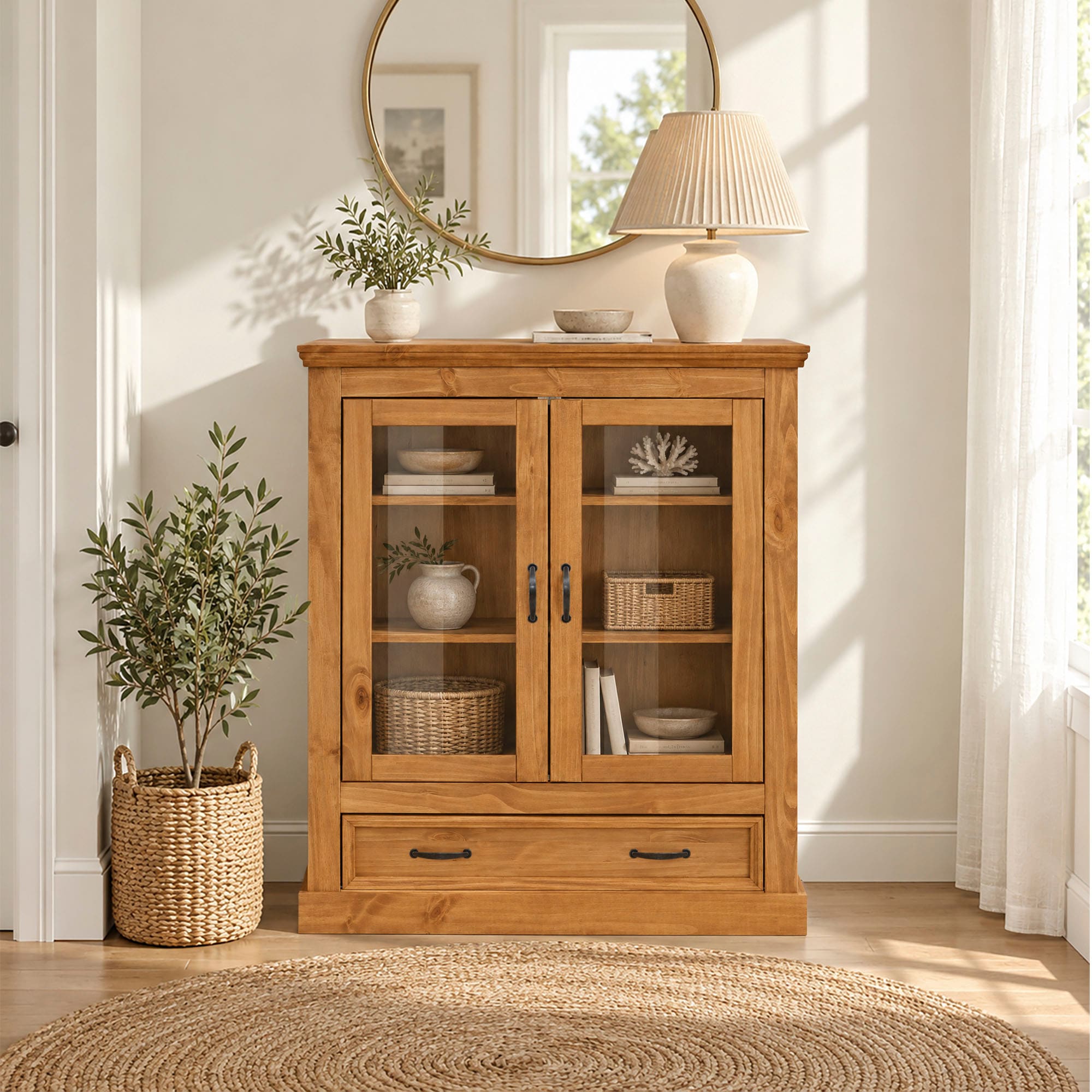 GOODproduct Vitrines »Selma Highboard« en pin massif, avec poignées en métal vieilli