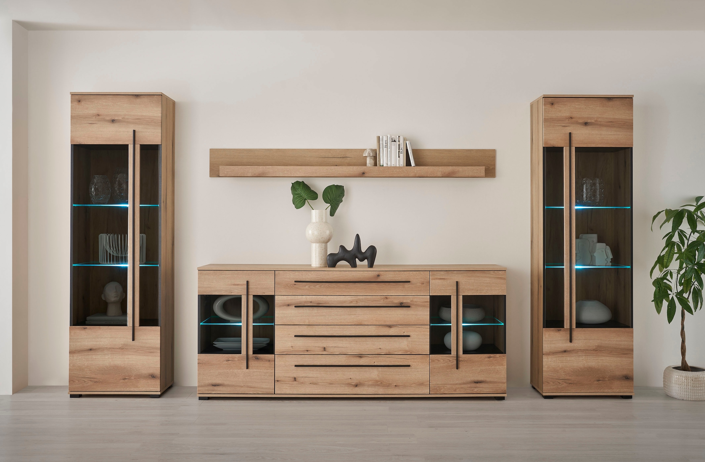 INOSIGN Wohnwand »Cantara, moderne Anbauwand, Wohnzimmer-Set, in Eiche Evoke oder Weiss«, (Set), enthält zwei Vitrinen, ein Sideboard und ein Wandboard