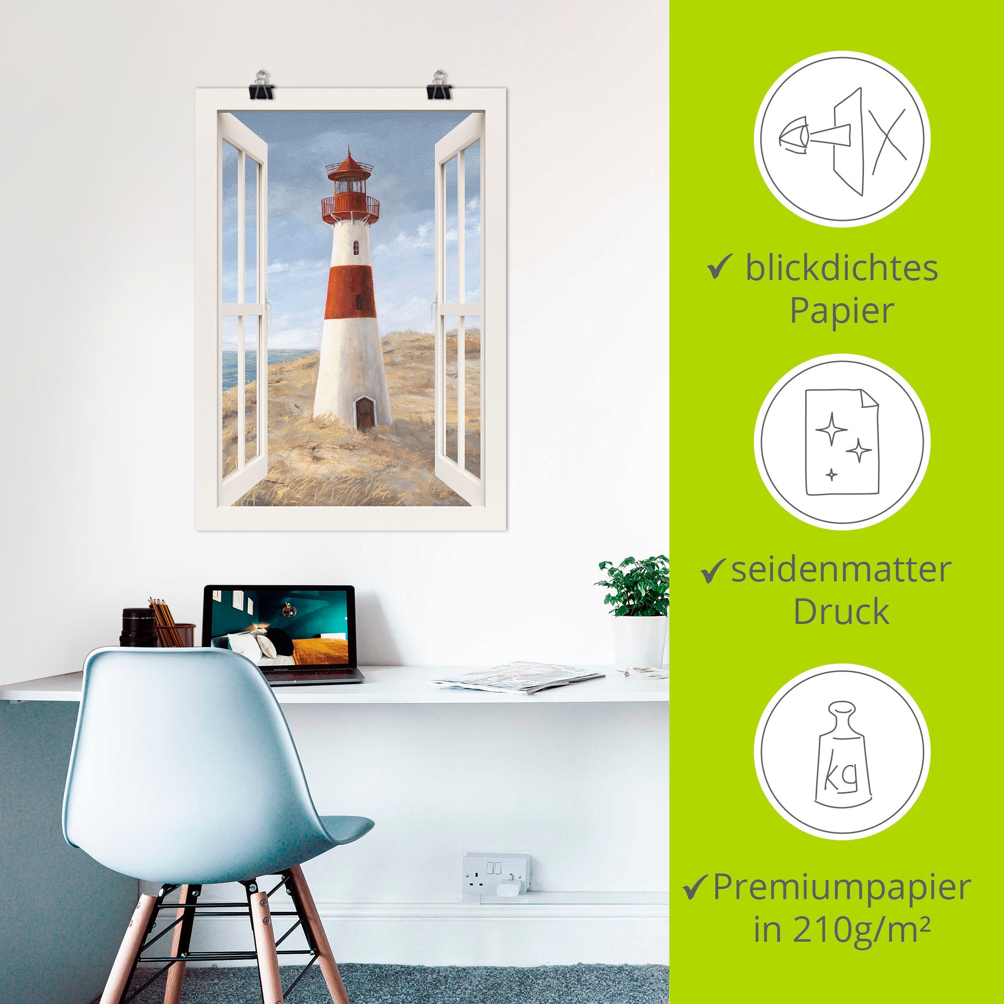 Artland Wandbild »Leuchtturm I Fensterblick«, Gebäude, (1 St.), als Alubild, Outdoorbild, Leinwandbild, Poster in verschied. Grössen