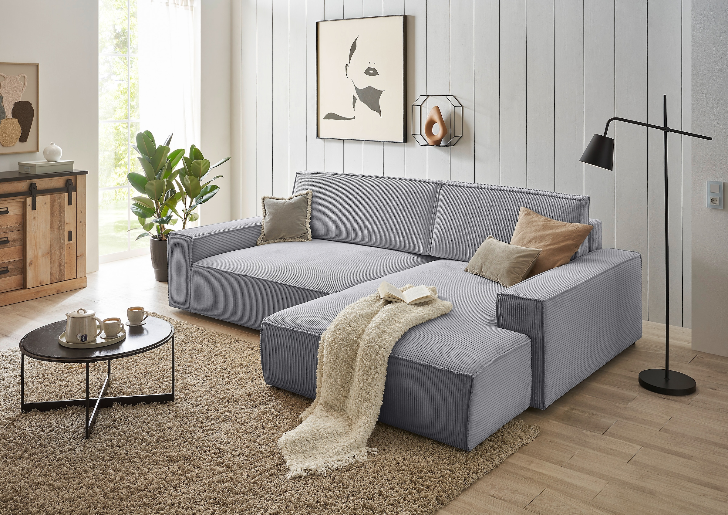 Home affaire Ecksofa »NEU: SHERWOOD XXL 284, Big-Sofa L-Form, tiefe Sitzfläche 95 cm, Cord« Recamiere rechts/links, als Schlafsofa stellbar, Cord u. Leinenoptik