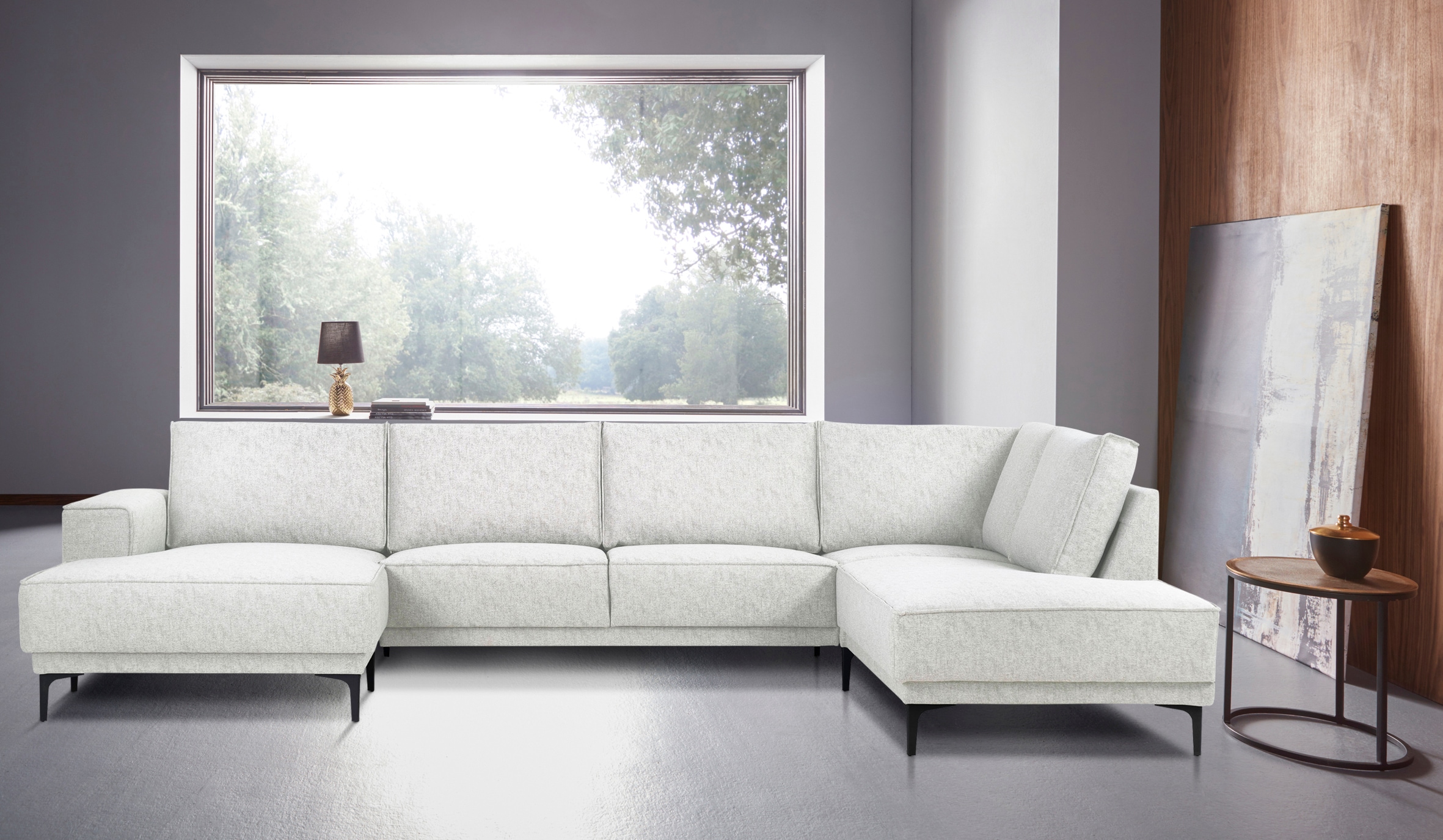 Places of Style Wohnlandschaft »XXL Sofa Oland, Struktur, Flachgewebe, Luxus-Microfaser, Boucle«, U-Form, 345 cm, Wellenunterfederung, Skandi-Design, Metallfüsse