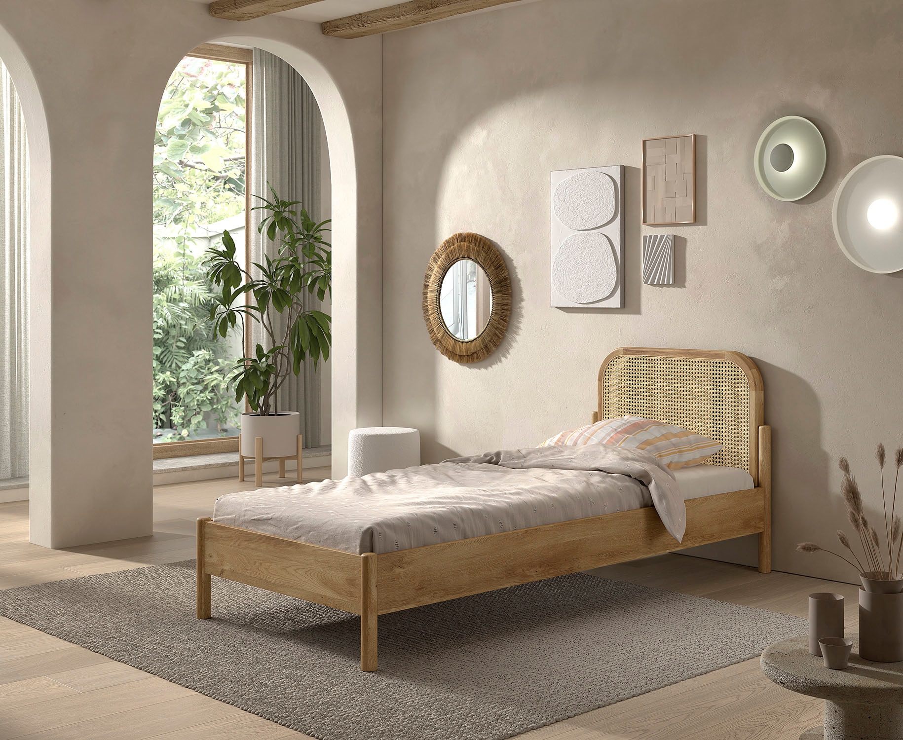 Vipack Einzelbett »mit massiven Bettpfosten und furnierten Bettseiten« 90/200 inkl. Lattenrost und trendigem Rattankopfteil