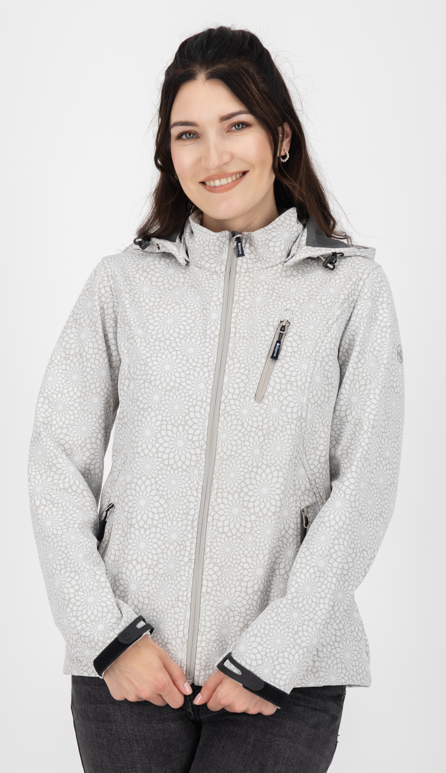 DEPROC Active Softshelljacke »SHELBY PEAK DC«, leichte Softshelljacke mit All-Over-Print und abnehmbarer Kapuze