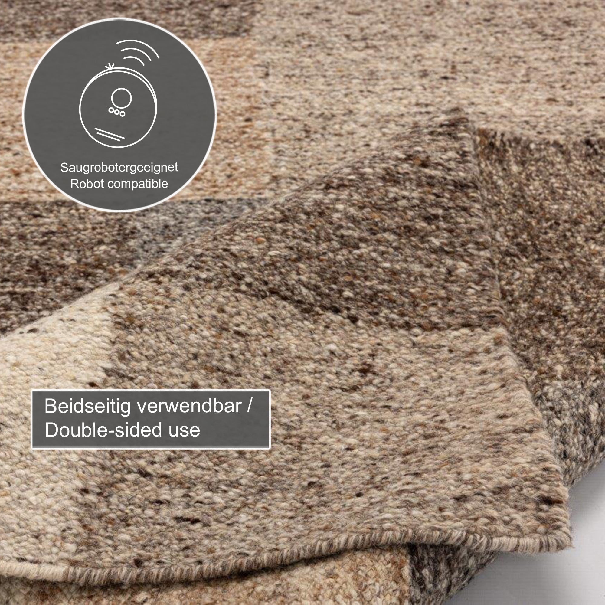 THEKO Tapis en laine »Ehrwald TK-156« Rectangulaire 12 mm Höhe Wendeteppich, besonders flach, reine Wolle, handgewebt, warme Farben