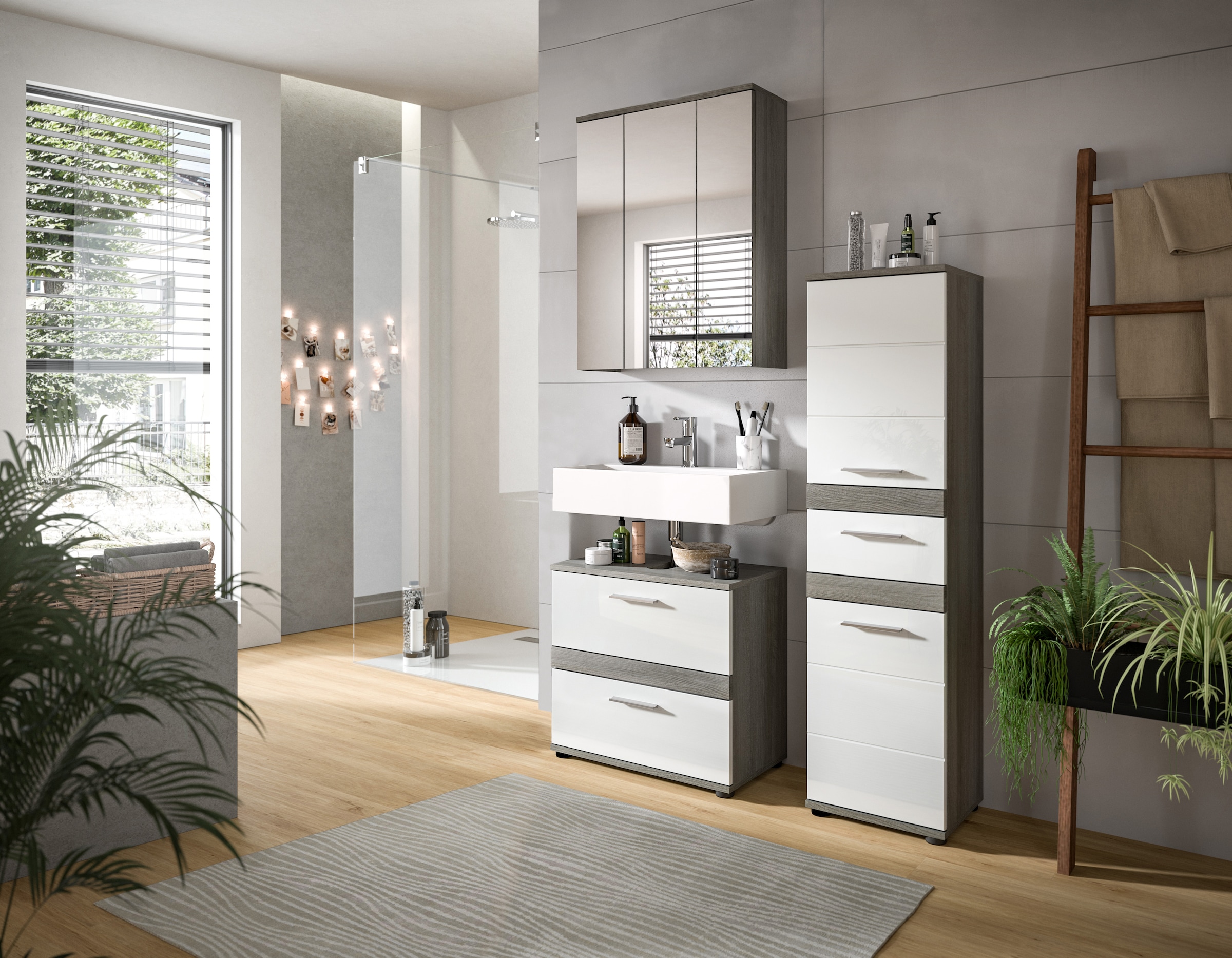 welltime Badmöbel-Set »LUCCA, 3-teilig, TOPSELLER!, hochwertige MDF Front« Set, best. aus: Waschbeckenunterschrank, Spiegelschrank, Hochschrank, 3 Stk. tlg.