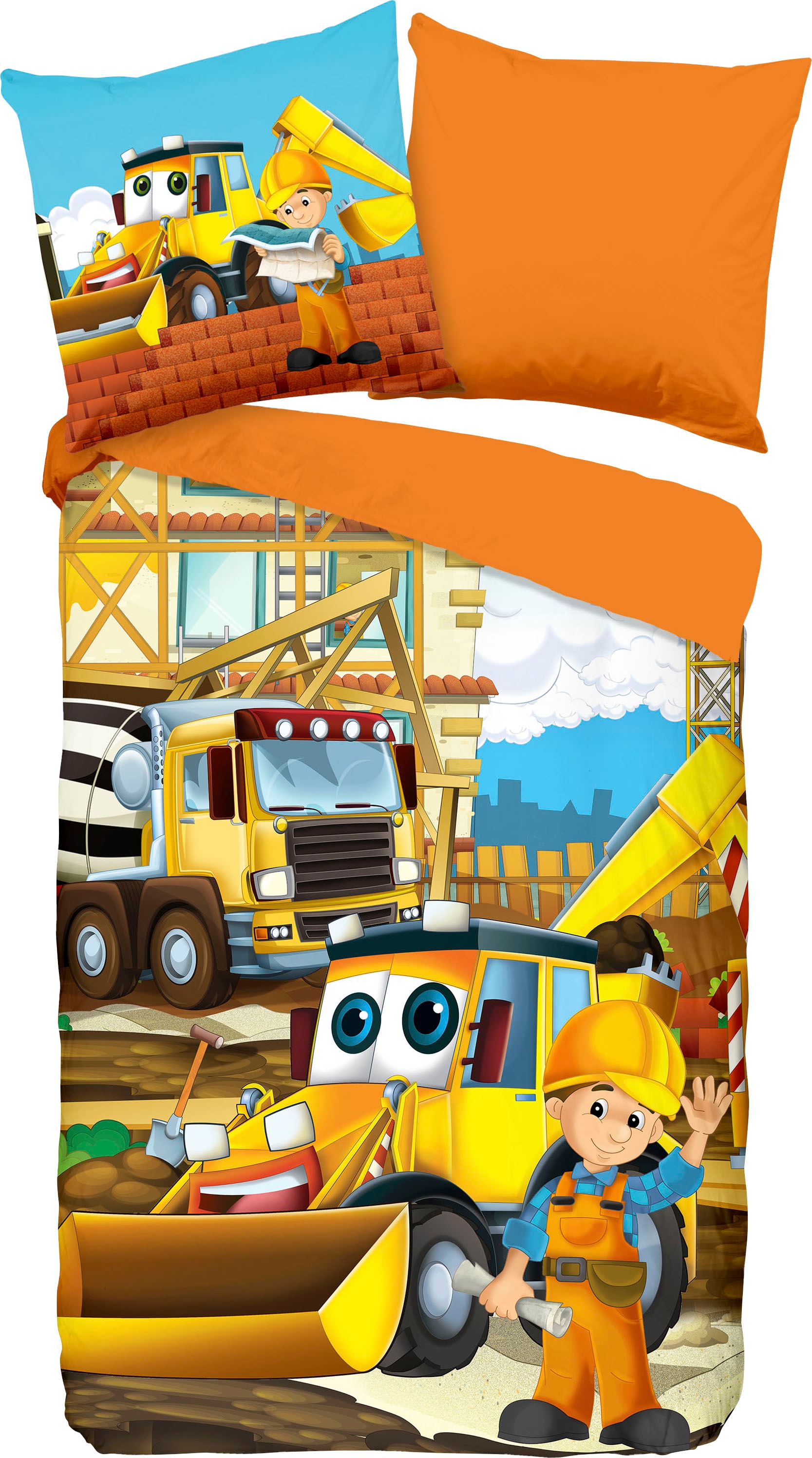 good morning Kinderbettwäsche »Building«, Baumwolle, 135x200, Reissverschluss, Wendeoptik, Kind, Junge Baumeister