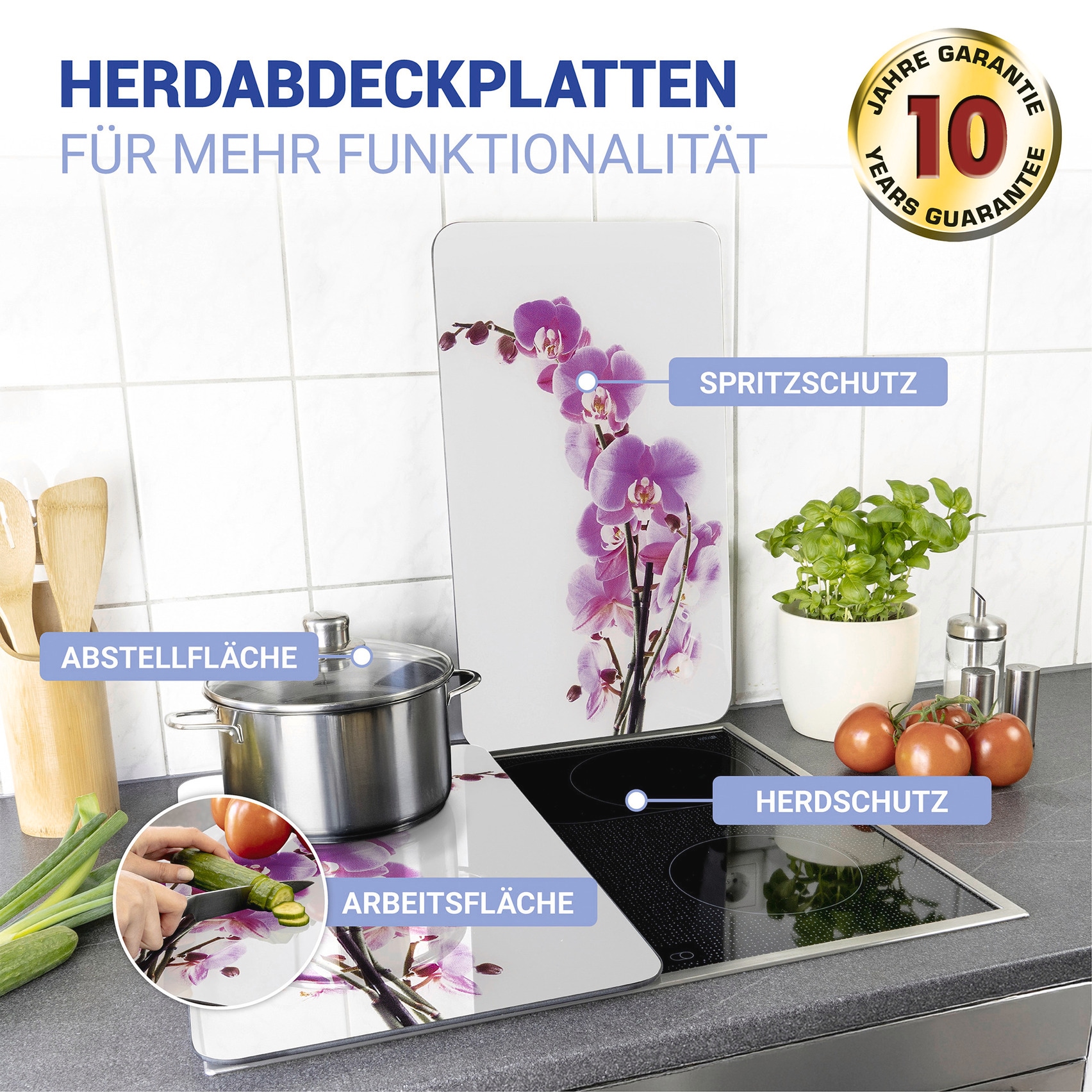 WENKO Herd-Abdeckplatte »Universal Modell Orchideenblüte«, (Set, 2 tlg.), Herdabdeckung für alle Herdarten, kratzfest, mit rutschfesten Füssen