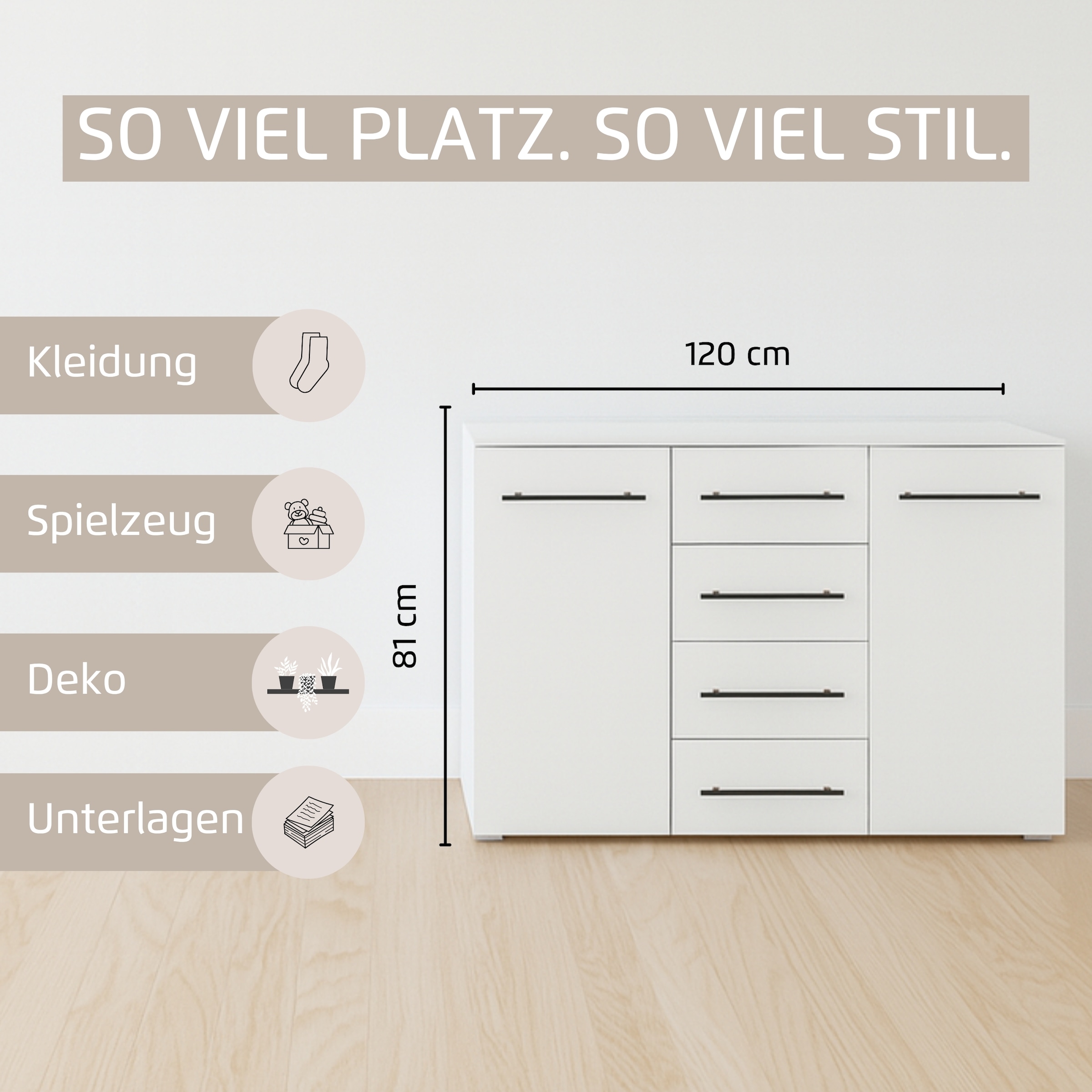GOODproduct Commode combinée »Highboard Sideboard Schubladenkommode Kommode Schlafzimmer AVOLA« Largeur 120 cm avec fonction SOFT-CLOSE et façade décorative,  quatre grands tiroirs et 2 portes, avec 4 étagères MADE IN GERMANY