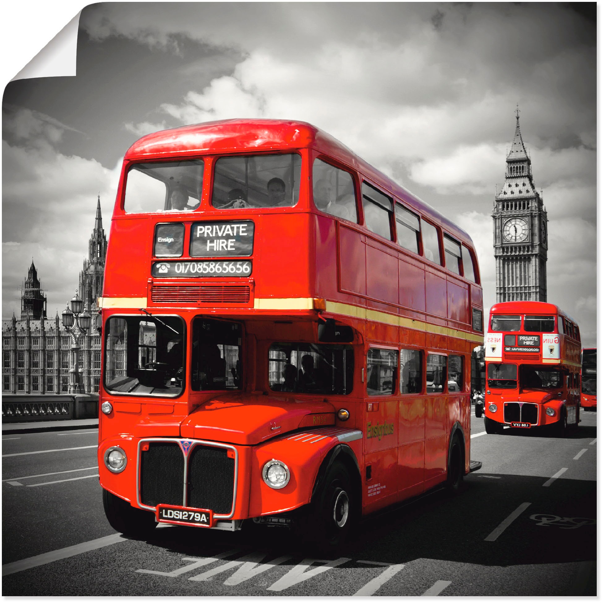 Image of Artland Wandbild »Houses of Parliament & Red Buses«, Grossbritannien, (1 St.), in vielen Grössen & Produktarten - Alubild / Outdoorbild für den Aussenbereich, Leinwandbild, Poster, Wandaufkleber / Wandtattoo auch für Badezimmer geeignet bei Ackermann Vers