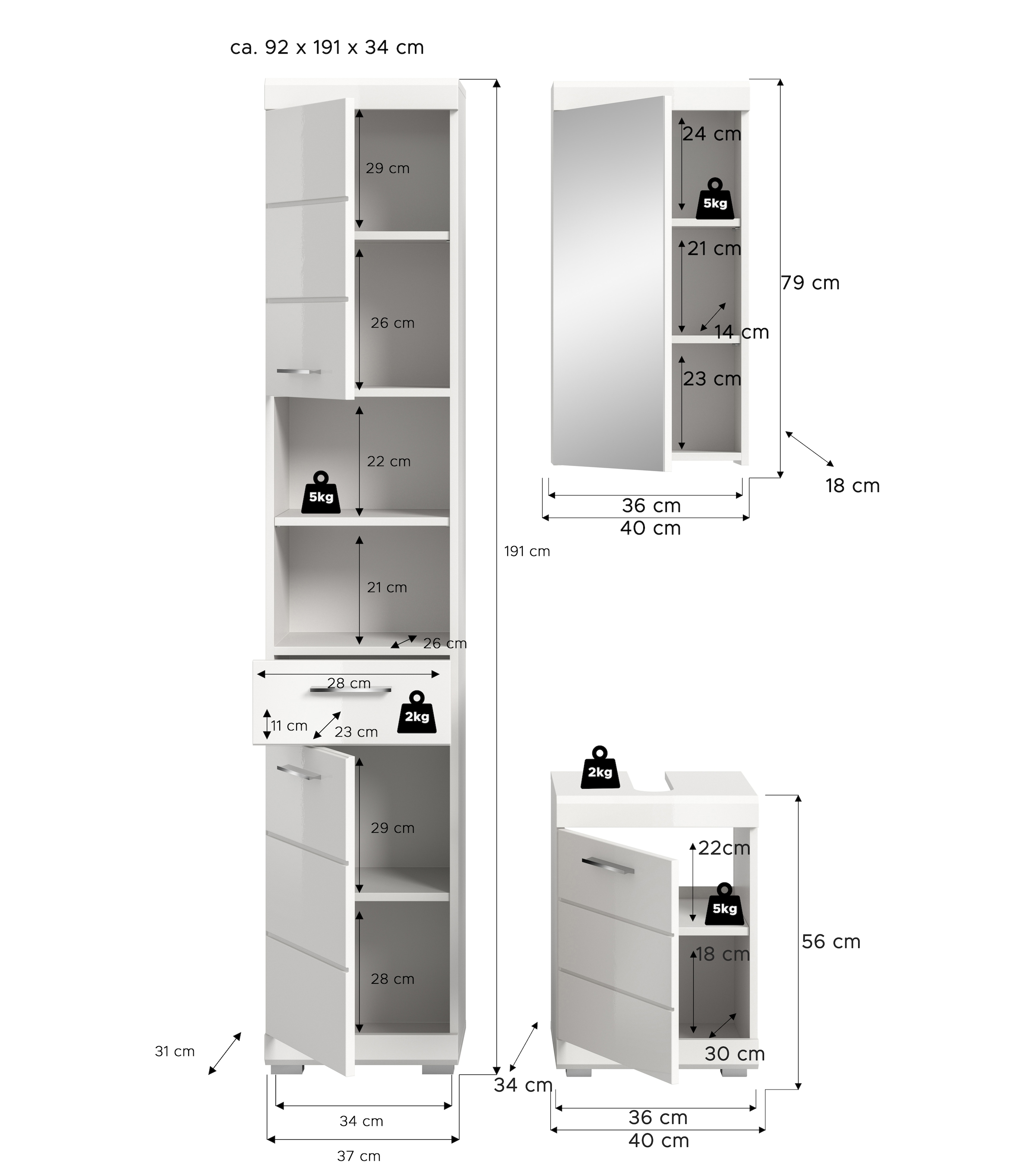welltime Ensemble de meubles de salle de bain »SIENA, 3-tlg., Waschbeckenunterschrank, Spiegelschrank & Hochschrank«