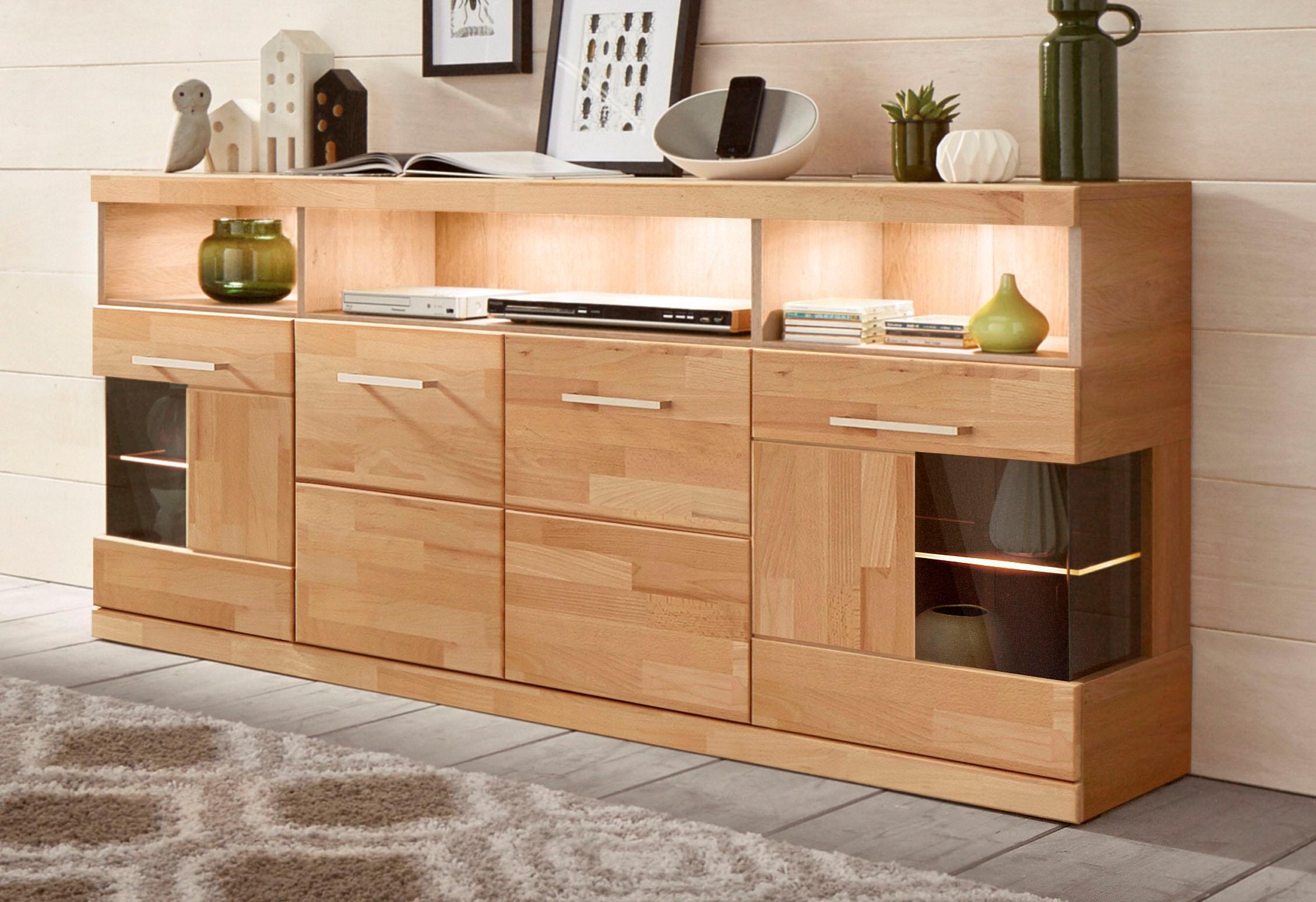 OTTO home Sideboard "RIBE20 Fronten massiv,Korpus Melamin, 2 Türen mit Glaseinsatz" B/T/H: 180/35/80cm, 3 offene Fächer und 6 geschlossene, Kernbuche
