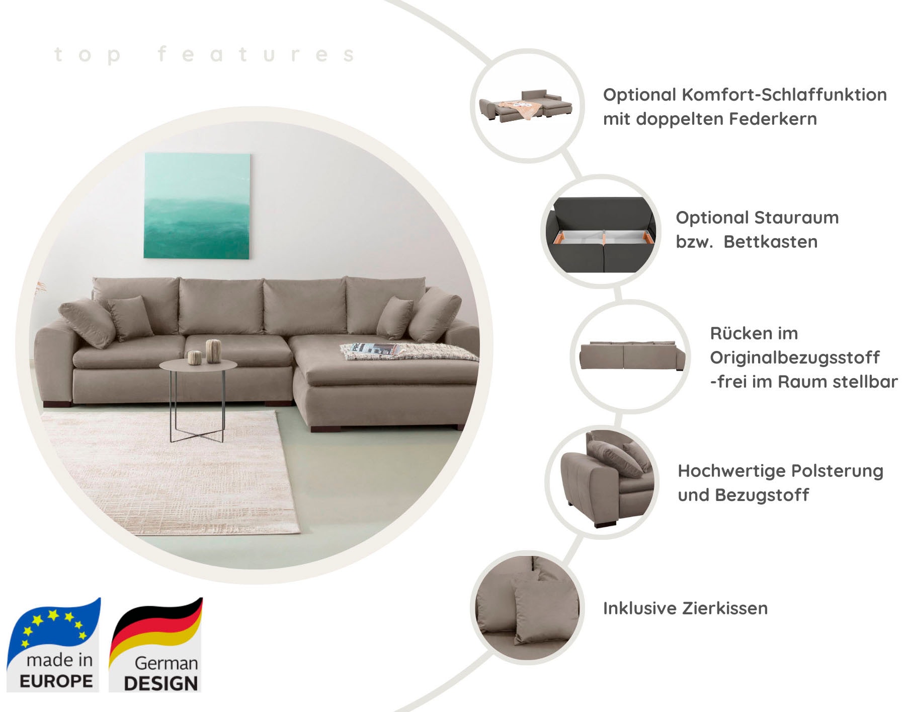Home affaire Ecksofa »Cara Mia L-Form, B: 325 cm - OTTO. Verlässliche Qualität.« mit 4 Zierkissen, optional Bettfunktion & Bettkasten