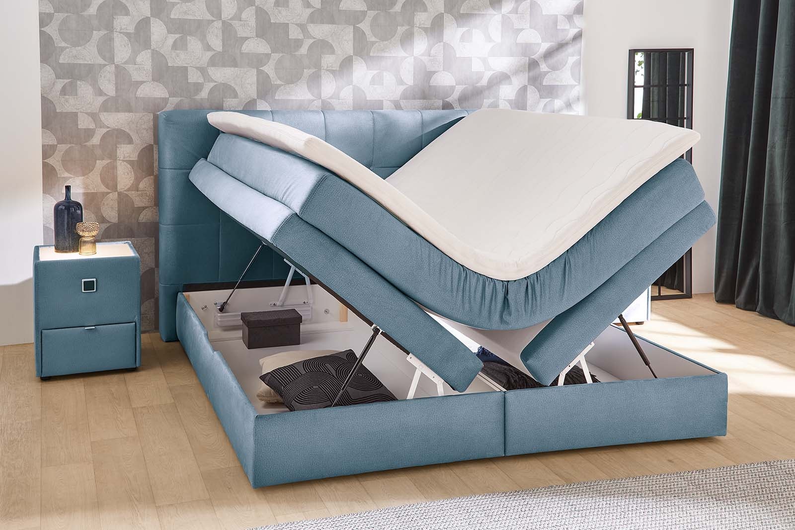 Jockenhöfer Gruppe Boxspringbett »AMY mit Bettkasten, inkl. Taschenfederkernmatratze Härtegrad H3-H4« mit 6 cm Kaltschaum-Topper, Samt-Bezug, 180x200 und 200x200 cm