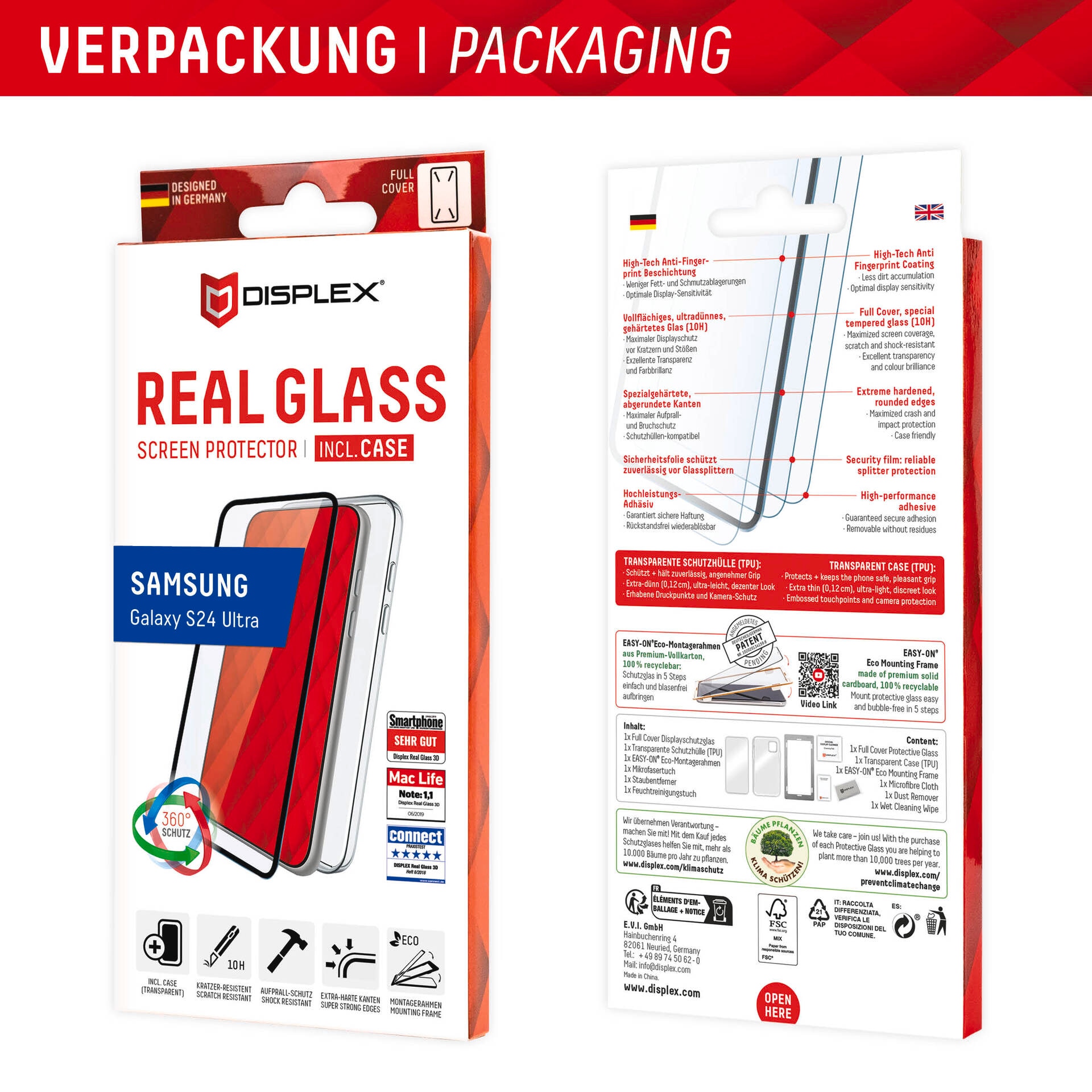 Displex Verre de protection d'écran »Real Glass + Case« für Samsung Galaxy S24 Ultra Displayschutzfolie Displayschutz Rundumschutz 360 Grad splitterfest