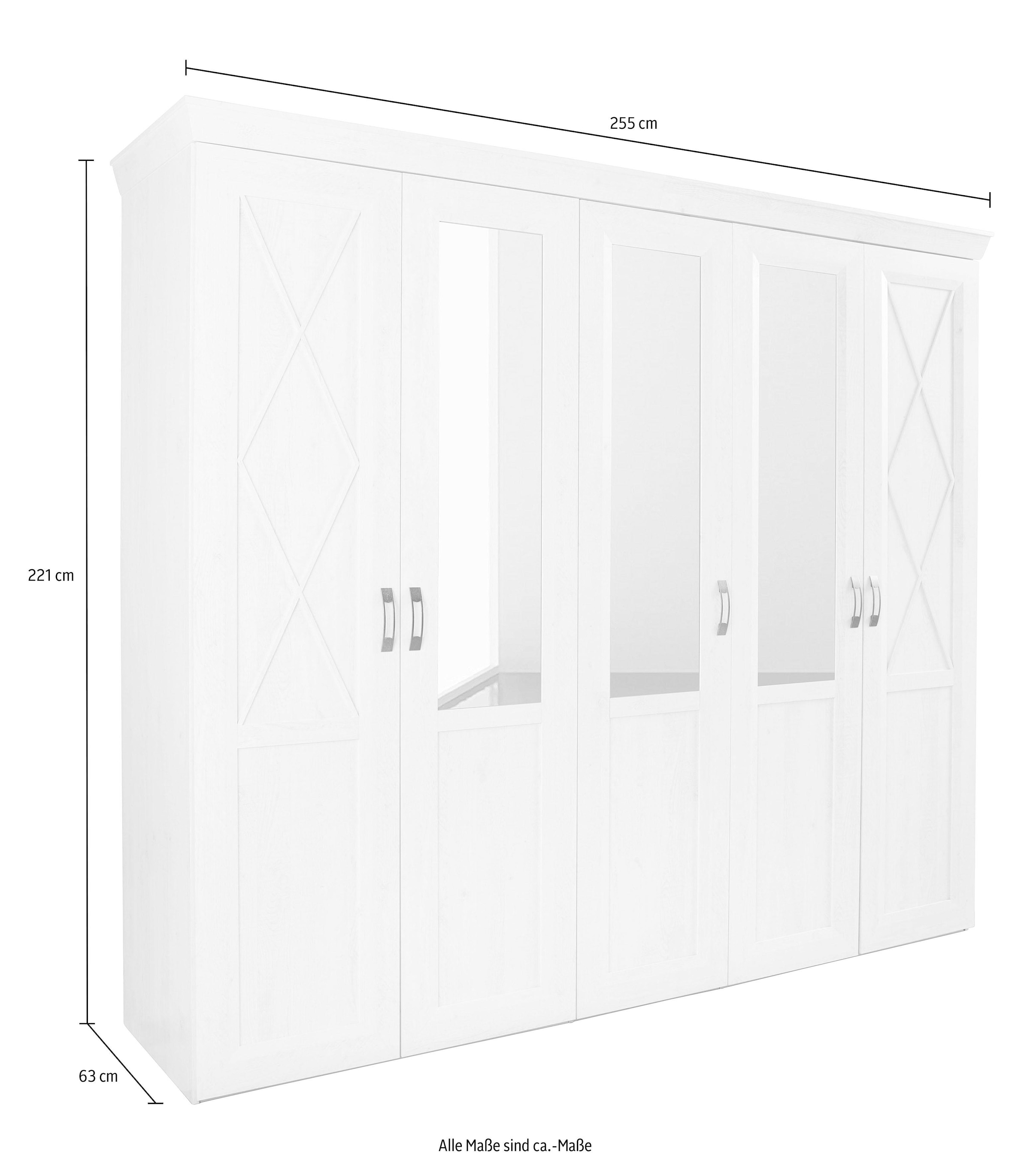 FORTE Kleiderschrank »Kashmir, klassischer Landhausstil, Made in Europe« Masse (B/T/H): 255/63/221 cm,  mit Spiegel und dekorativen Fräsungen und Elementen