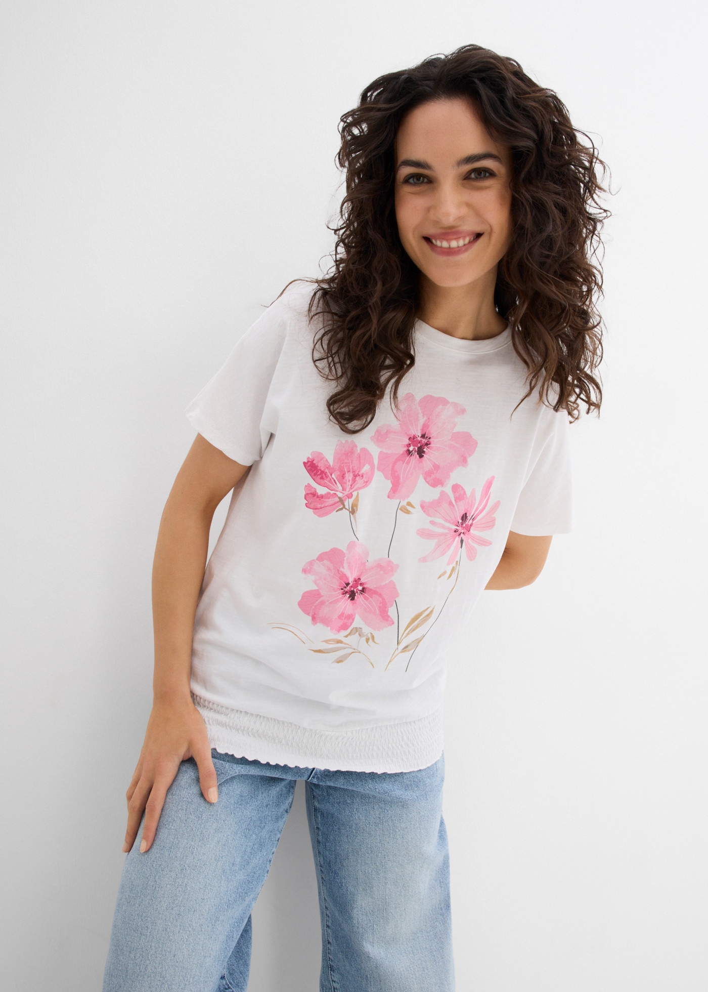 Image of bonprix T-Shirt aus reiner Baumwolle, Ballonform, mit floralem Print, kurzärmelig