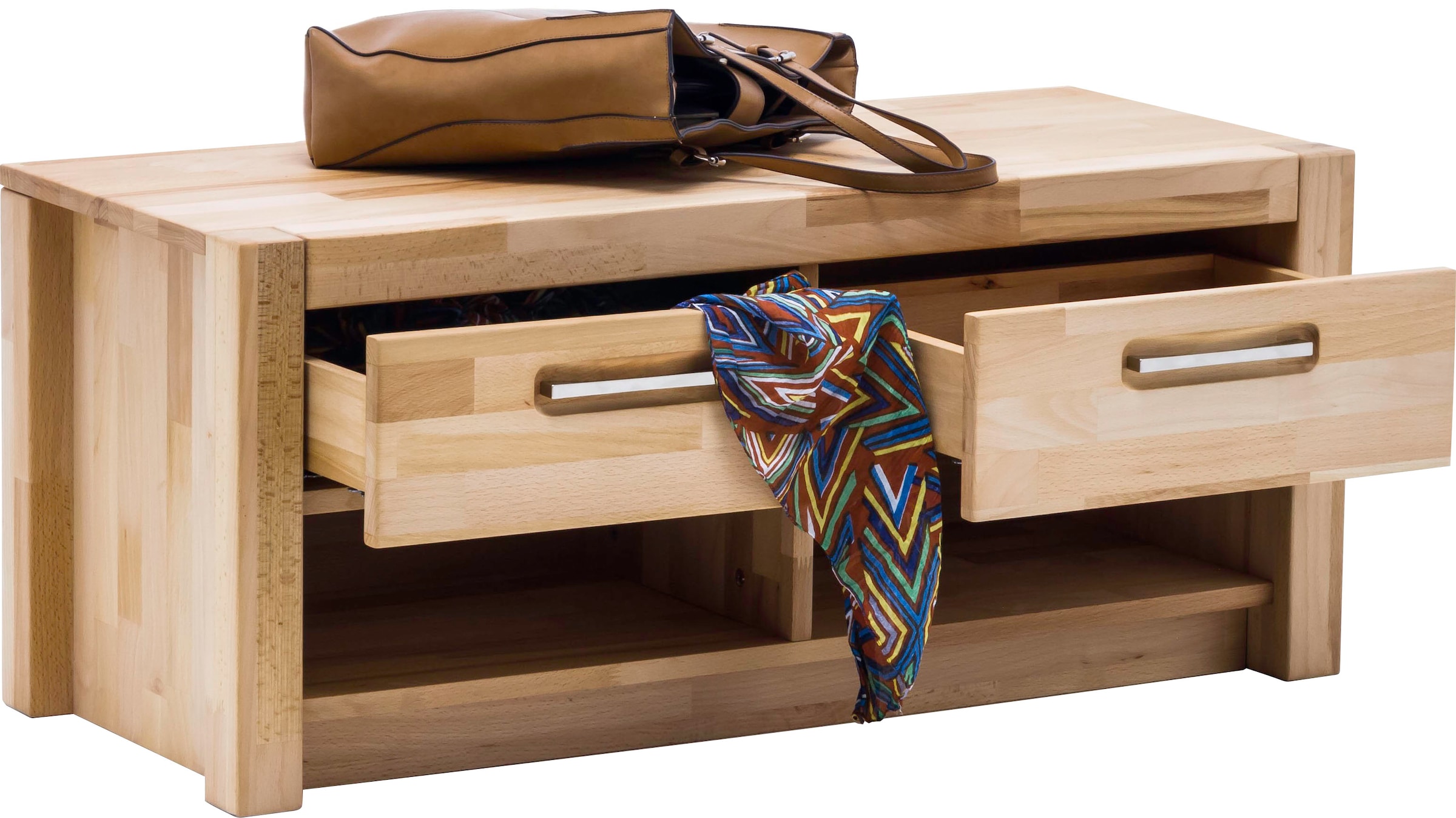 MCA living Garderobenschrank »Fenja Garderobenbank, Flurbank, Bank, Ablagebank - Breite 100 cm« 1 Stk. tlg. Massivholz, Kernbuche,2 offene Fächer, 2 Schubkästen, Made in Europe