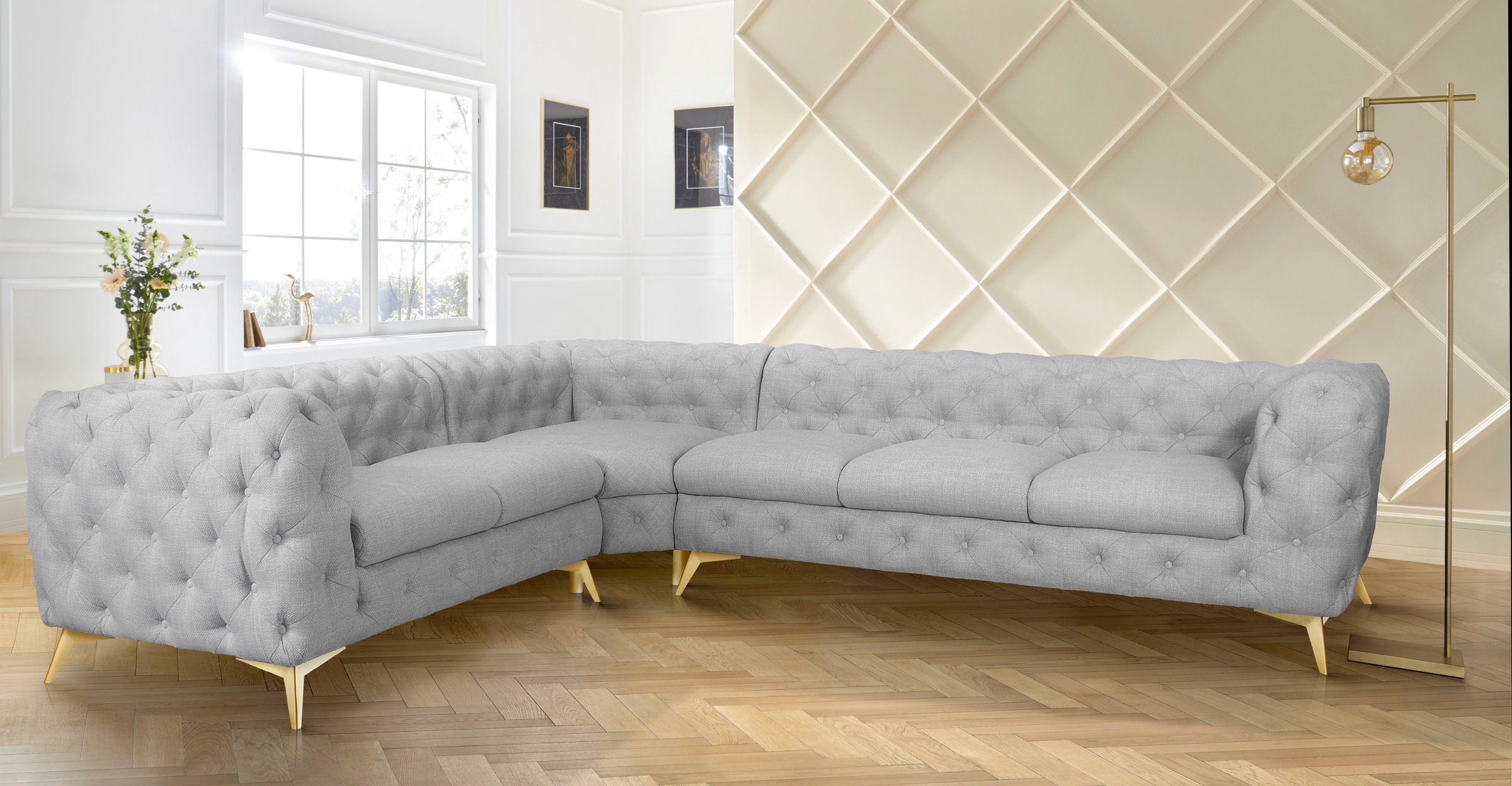 Leonique Chesterfield-Sofa »Ecksofa GLYNIS L-Form mit Wellenunterfederung, Masse B/T/H 323/264/75cm«, aufwändige Knopfheftung, moderne Chesterfield Optik, Fussfarbe wählbar