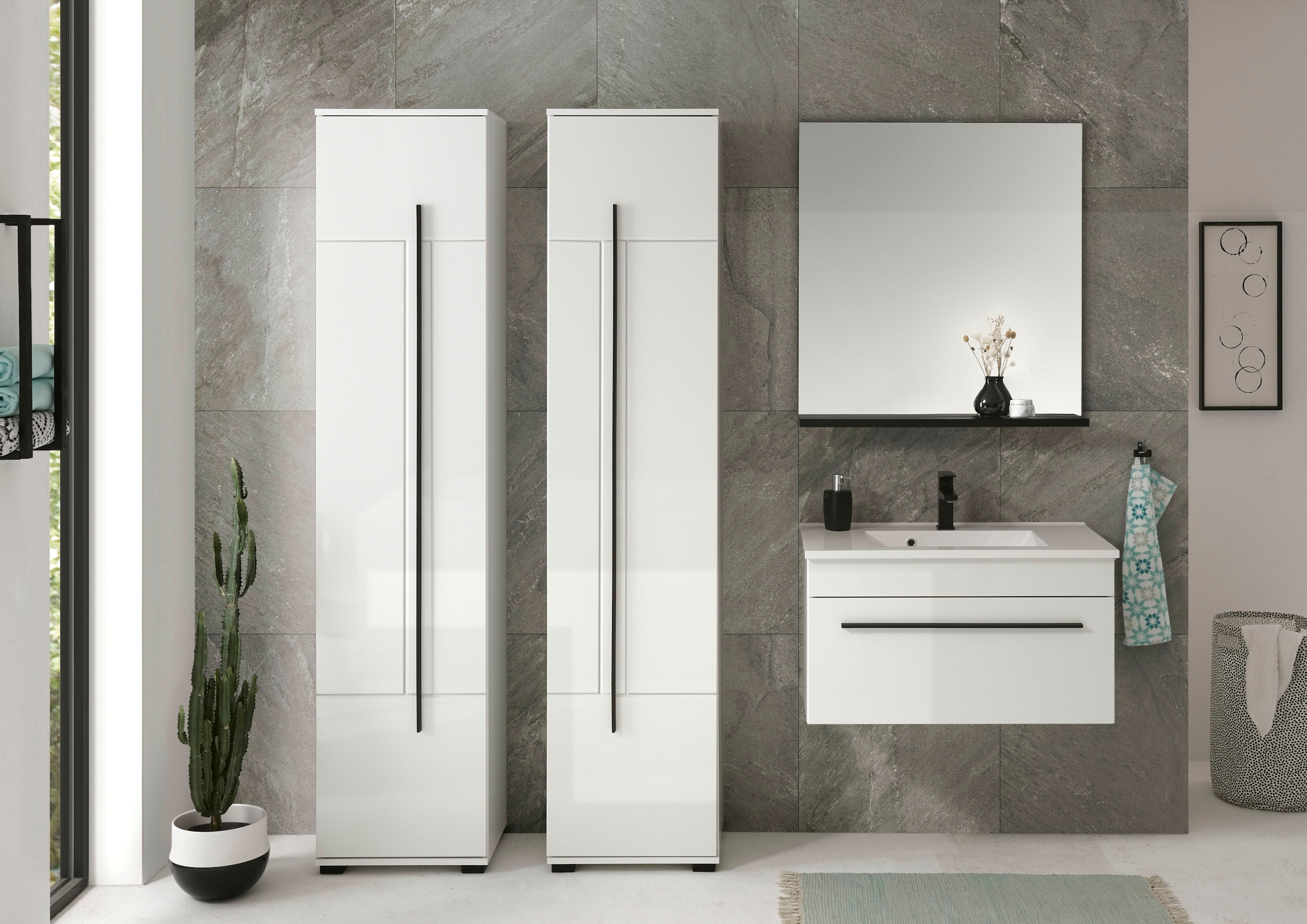 INOSIGN Badmöbel-Set »Cantara, Bad im modernen Design, 4-teiliges Badezimmer«, (Set, 4 St.), Waschtisch, Schränke und Spiegel, in Weiss Hochglanz, viel Stauraum