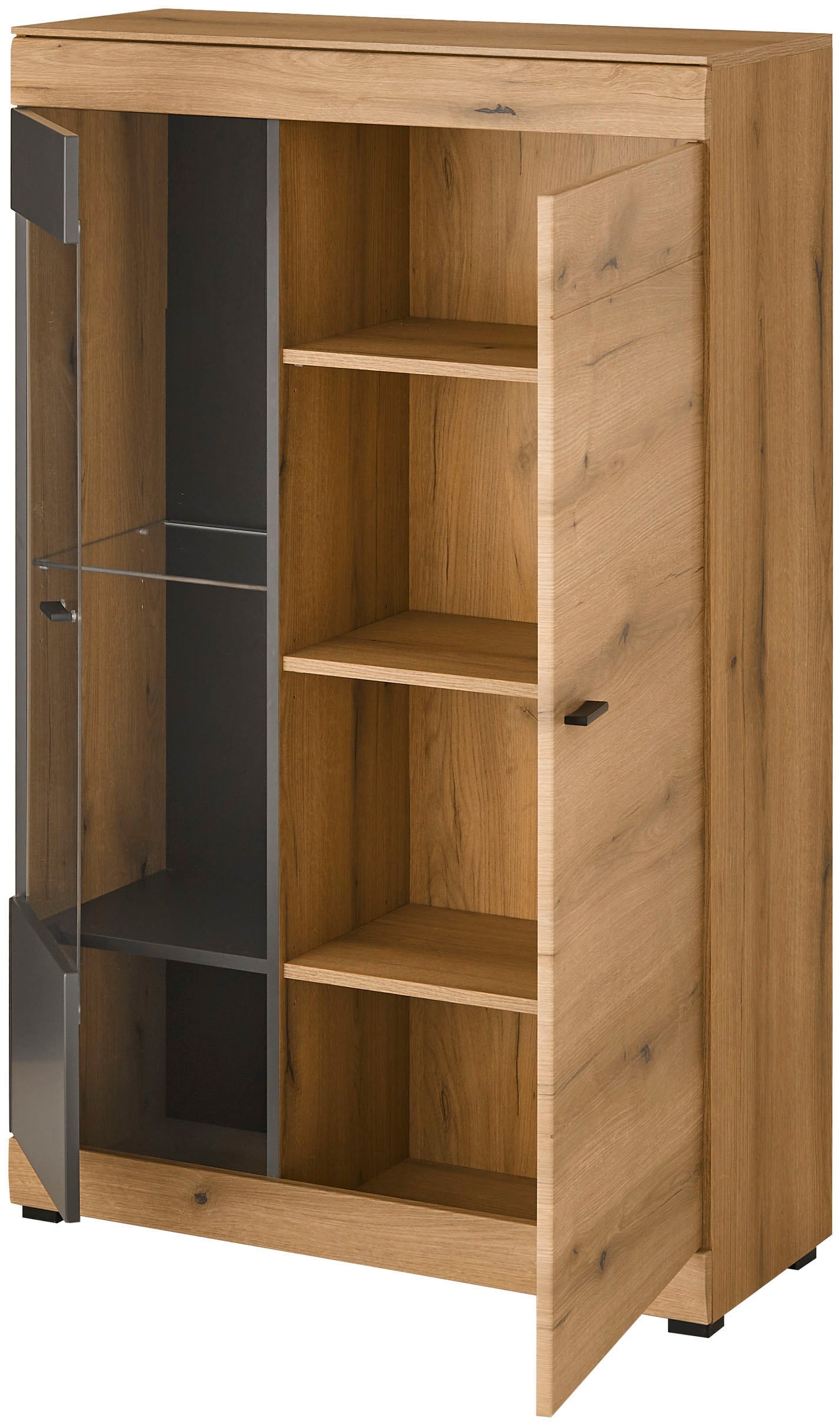 Home affaire Vitrine »Soleto, Vitrinenschrank in Evoke Eiche, moderne Glasvitrine« ausreichend Stauraum, schwarze Griffe aus Metall, zeitlos