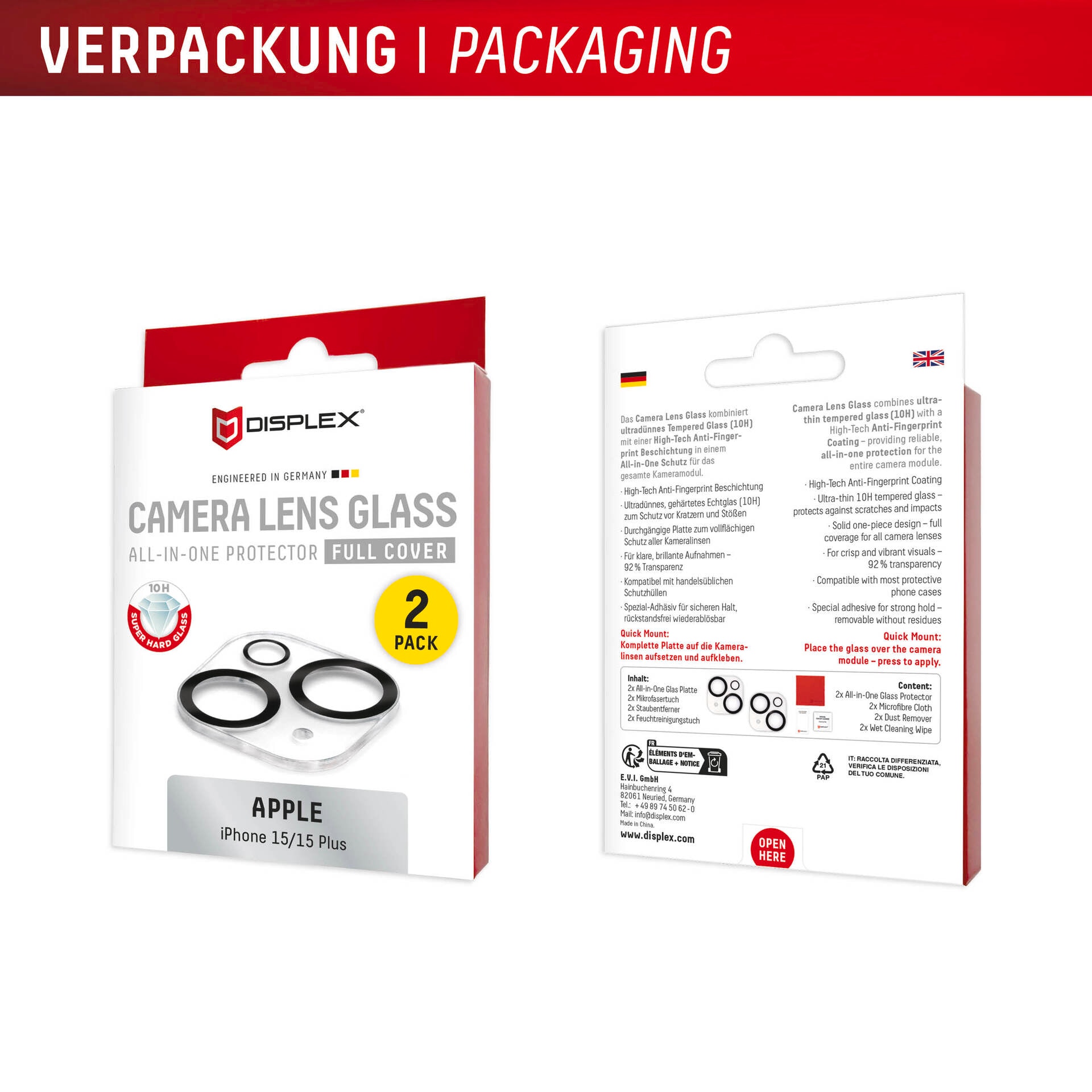 Displex Kameraschutzglas »Camera Lens Glass All-In-One Protector Full Cover« für Apple iPhone 15;Apple iPhone 15 Plus Packung, 2x All-In-One Glas,  Objektivschutz, Kameraschutz, kratz- & stossfest