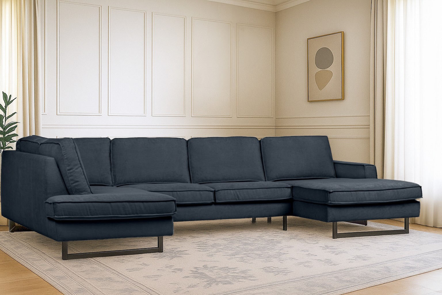 Places of Style Wohnlandschaft »Pinto, 350 cm, U-Form, XXL, mit Ottomanen«, Cord, Chenille, Lederoptik, mit Keder, Metallfüsse, Wellenunterfederung