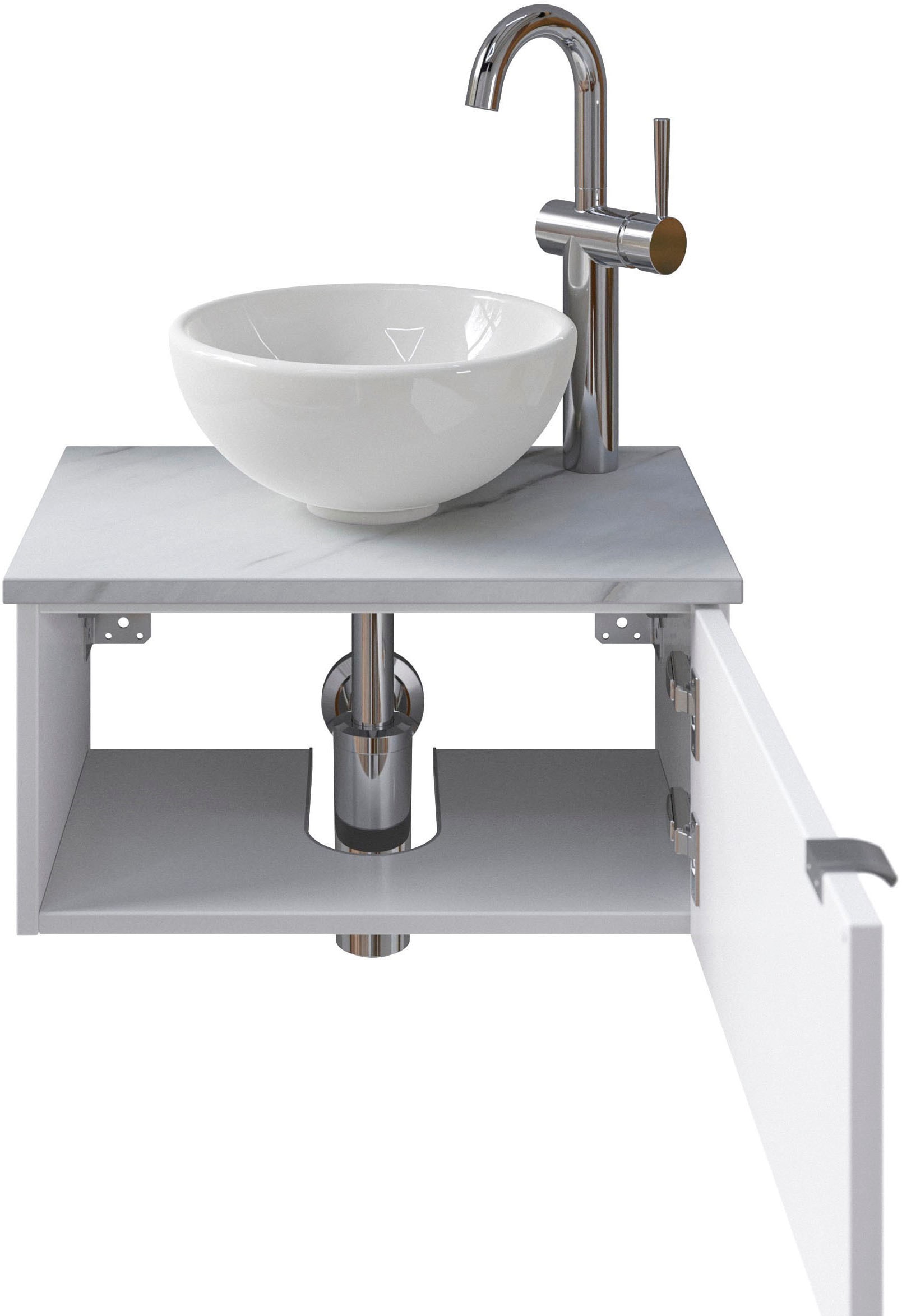 Saphir Waschtisch »Serie 6915 Waschschale mit Unterschrank für Gästebad, Gäste WC« Keramik-Aufsatzbecken, Waschtischplatte, Waschtischunterschrank, 3 Stk. tlg. 51 cm breit, 1 Tür, Waschtischplatte, kleine Bäder, ohne Armatur