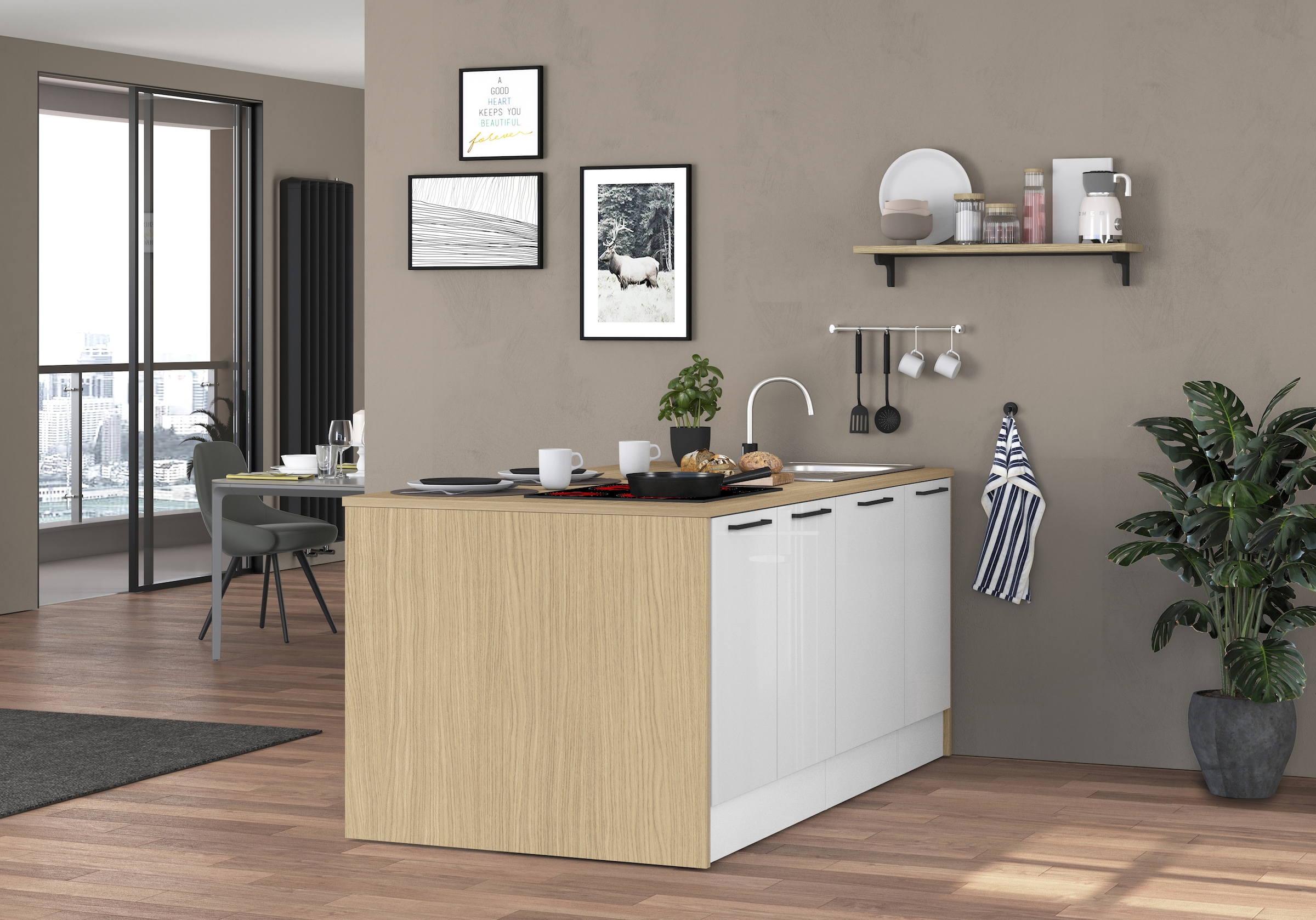 KOCHSTATION Ilot de cuisine »KS-Luna Breite 200 cm, Höhe 90 cm« Breite 200 cm, wahlweise mit Hanseatic-E-Geräten