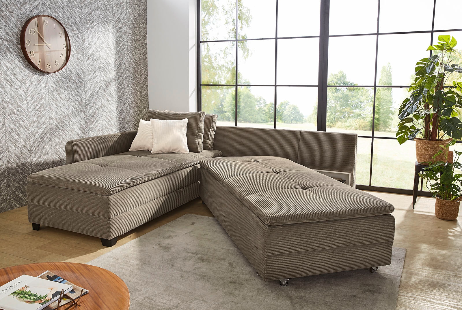 Jockenhöfer Gruppe Ecksofa »Madrid L-Form, B: 306 cm, Liegefl. 180x200 cm, Dauerschläfer« mit Bettfuntkion, Bettkasten, Topper & Regal, Boxspringbettaufbau