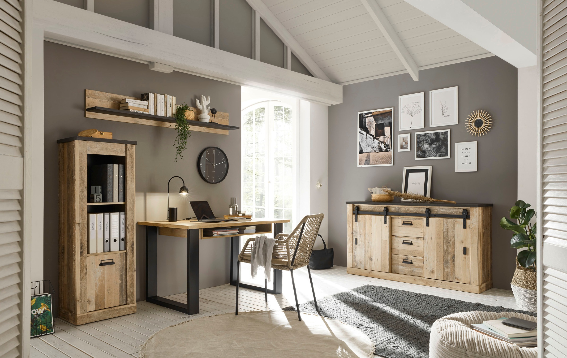 Image of Premium collection by Home affaire Schrank-Set »SHERWOOD«, (4 St.), Büromöbel Set in modernem Holz Dekor, mit Scheunentorbeschlag und Apothekergriffen aus Metall bei Ackermann Versand Schweiz