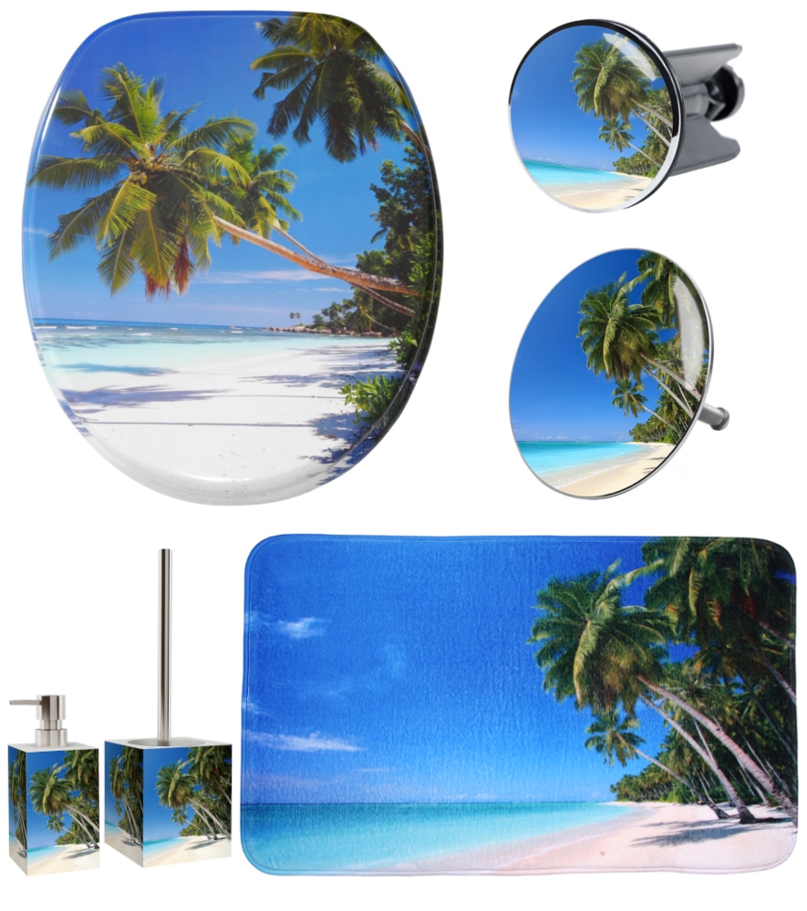 Image of Sanilo Badaccessoire-Set "Karibik" bestehend aus WC-Sitz, Badteppich, Stöpsel, Seifenspender, WC-Bürste