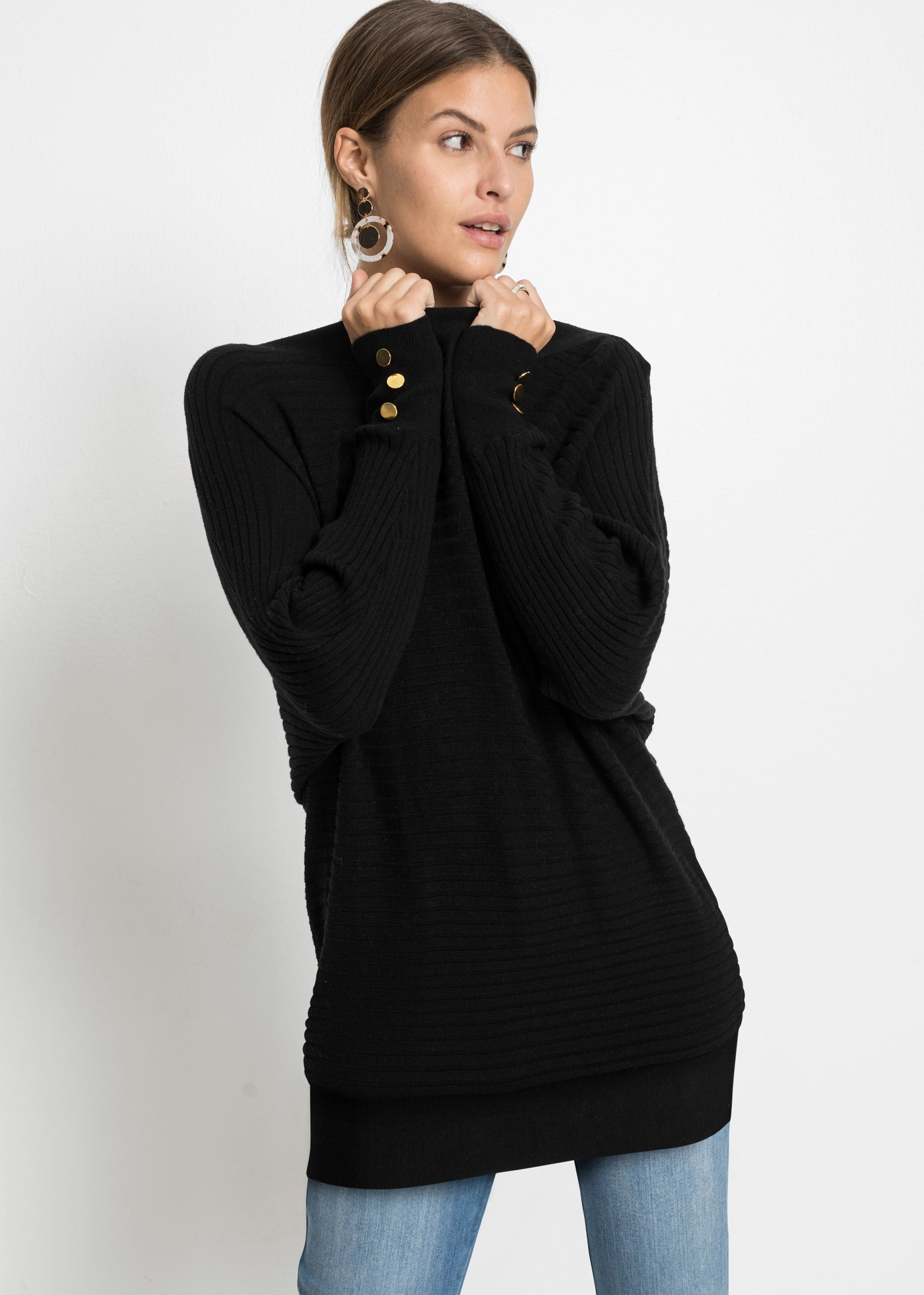 Image of bonprix Strickpullover aus Viskose-Rippstrick, Fledermausärmel, mit Knopfdetail