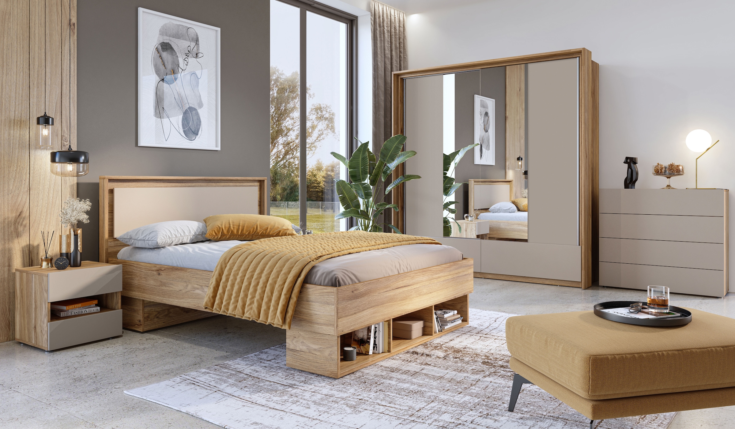 Home affaire Bettgestell »Wharton, 140, 160 oder 180cm Breite, Made in Europe«, (mit oder ohne Stauraumschubladen), Doppelbett mit offenen Regalen, FSC-zertifizierter Holzwerkstoff