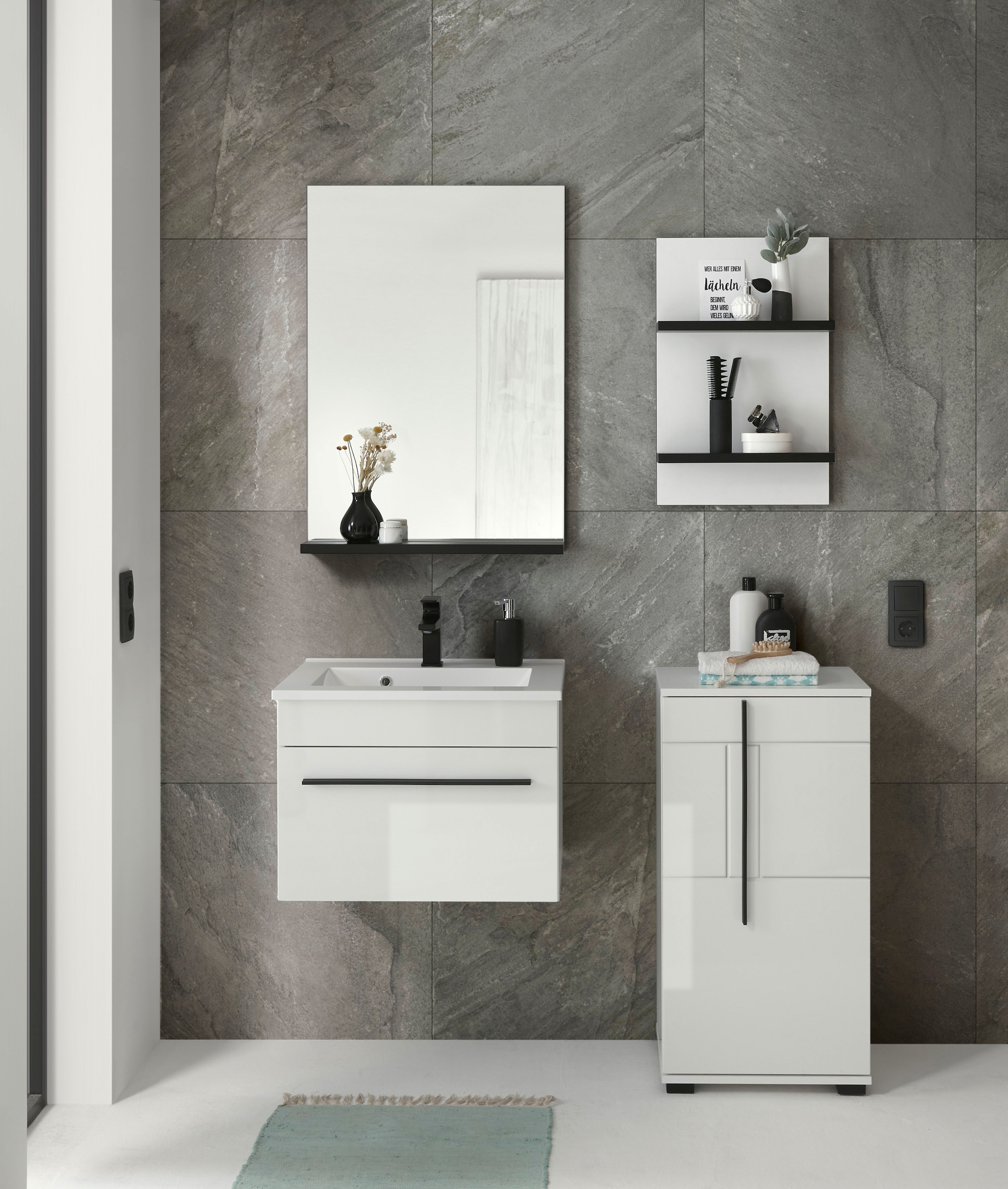 INOSIGN Badmöbel-Set »Cantara, Bad im modernen Design, 4-teiliges Badezimmer«, (Set, 4 St.), Waschtisch, Schrank, Hängeregal und Spiegel, in Weiss Hochglanz