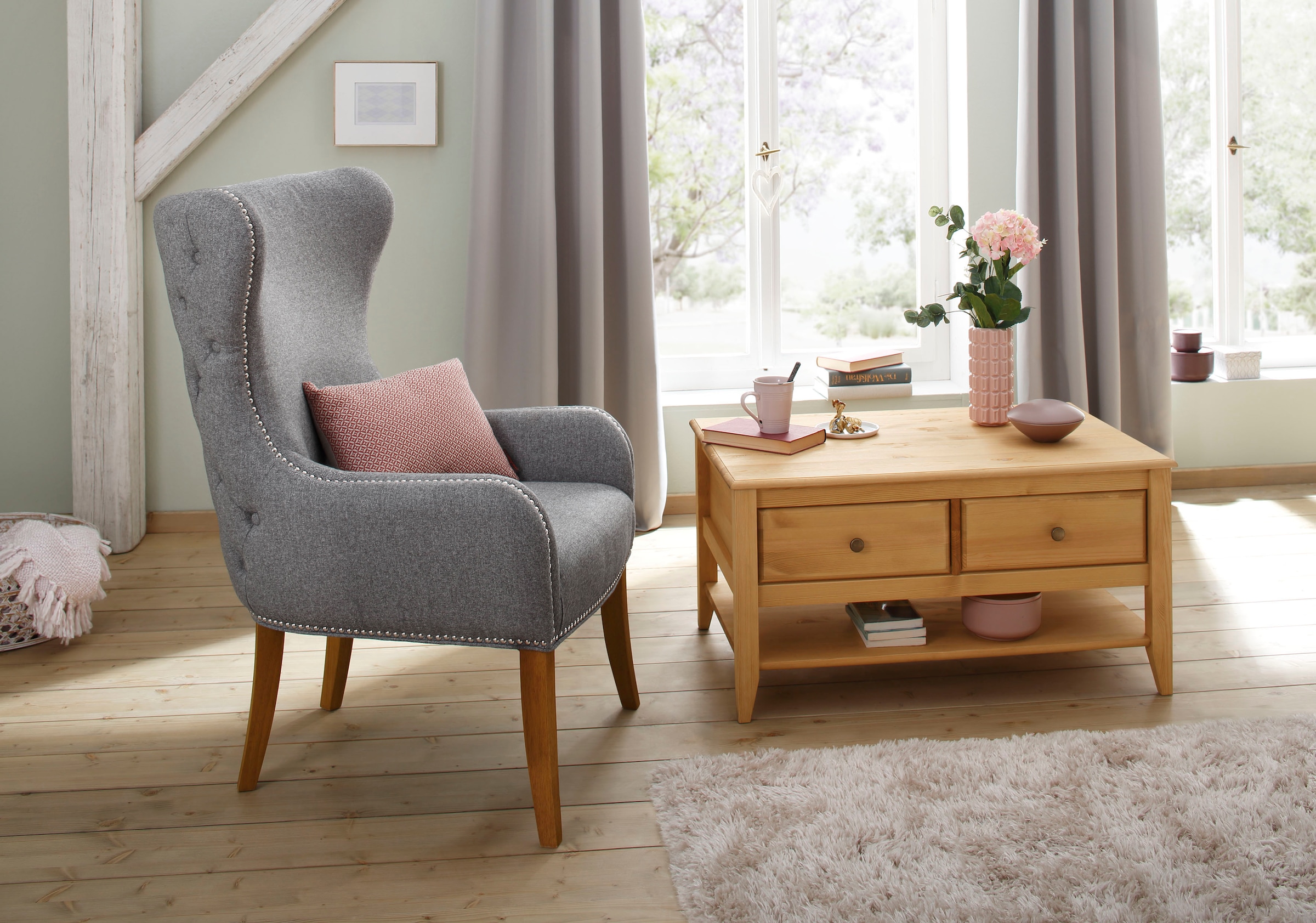 GOODproduct Couchtisch »Leonis« Breite 89 cm, mit Schubladen und Ablageboden, massiver Kiefer,  FSC®