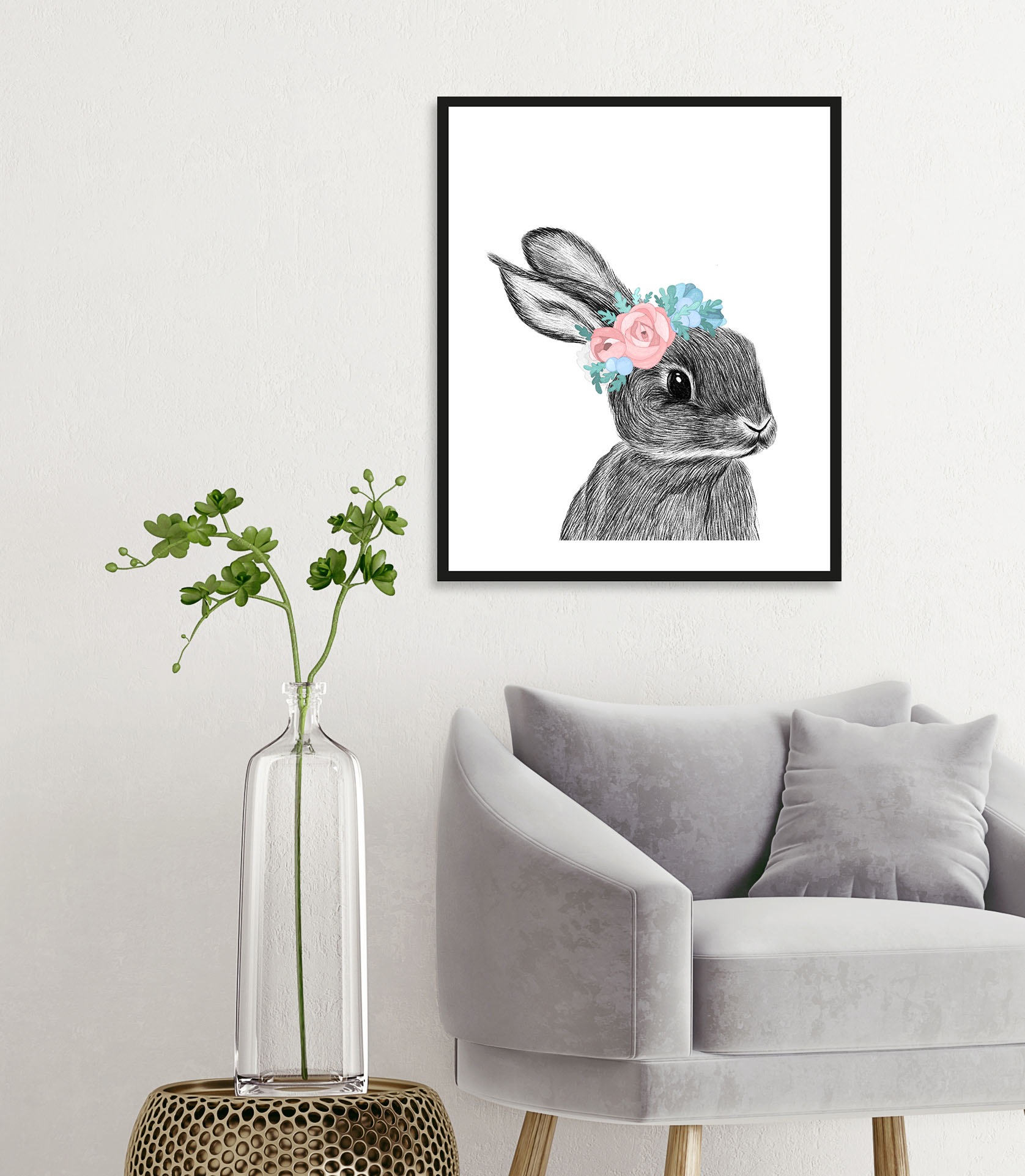 Image of queence Bild "Albert" Blumen Haustiere Kunst Ostern 1 Stk. tlg. mit Rahmen, schwarz