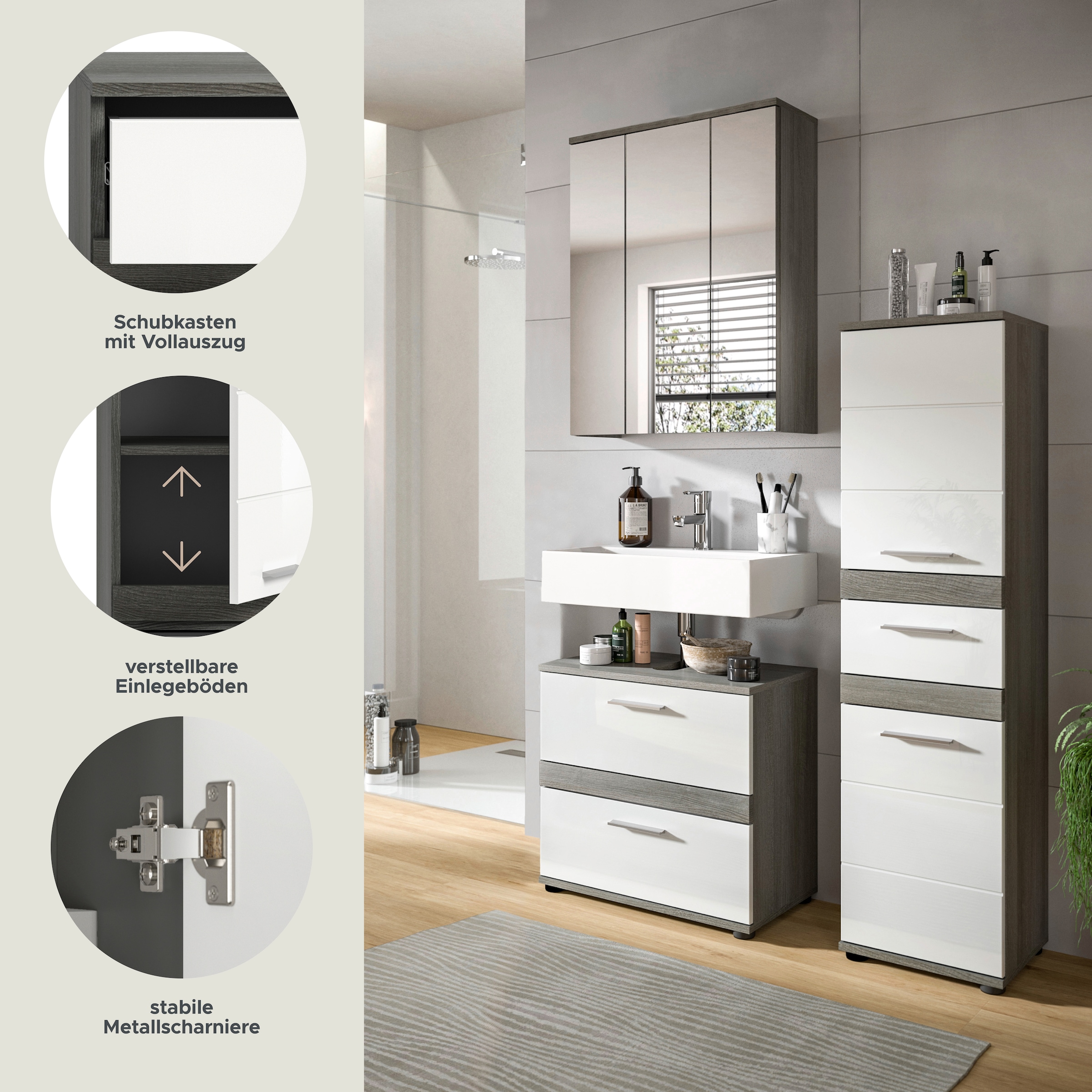 welltime Badmöbel-Set »LUCCA, 3-teilig, TOPSELLER!, hochwertige MDF Front« Set, best. aus: Waschbeckenunterschrank, Spiegelschrank, Hochschrank, 3 Stk. tlg.